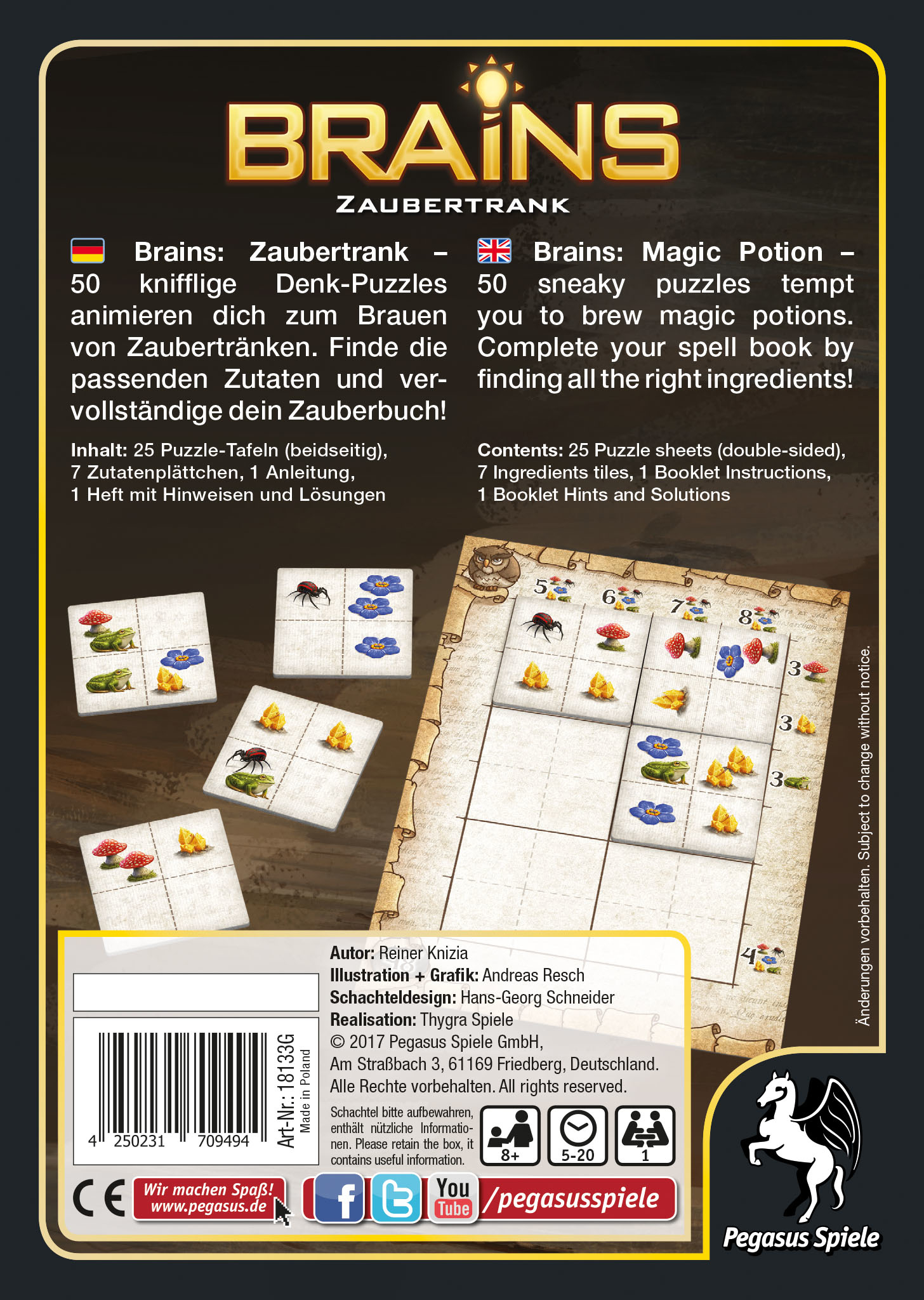 Brains Brettspielbox. Text auf Deutsch und Englisch. Spielkomponenten sind abgebildet.
