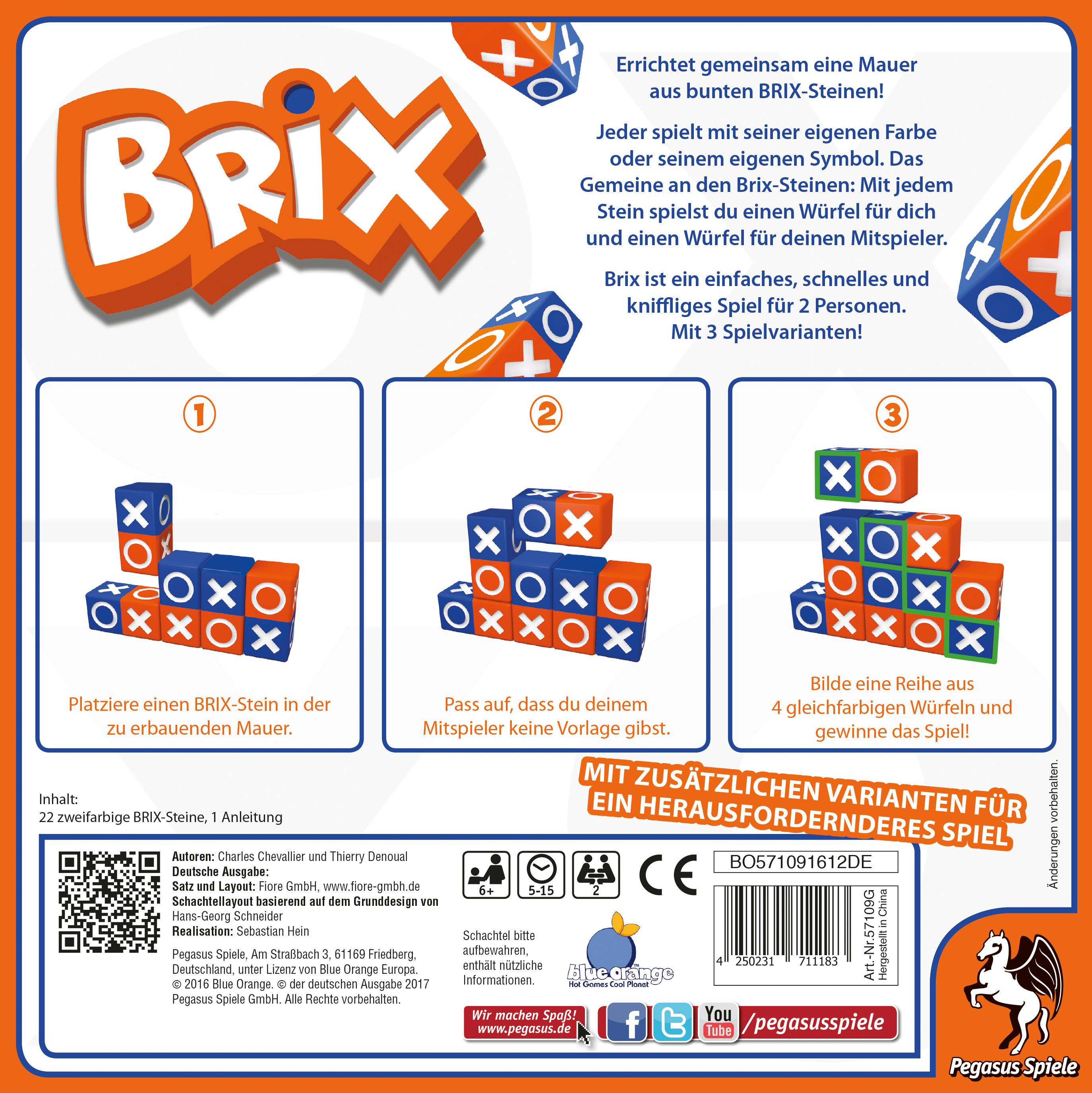 Caja del juego de mesa Brix con instrucciones y ejemplos de arreglos de bloques.