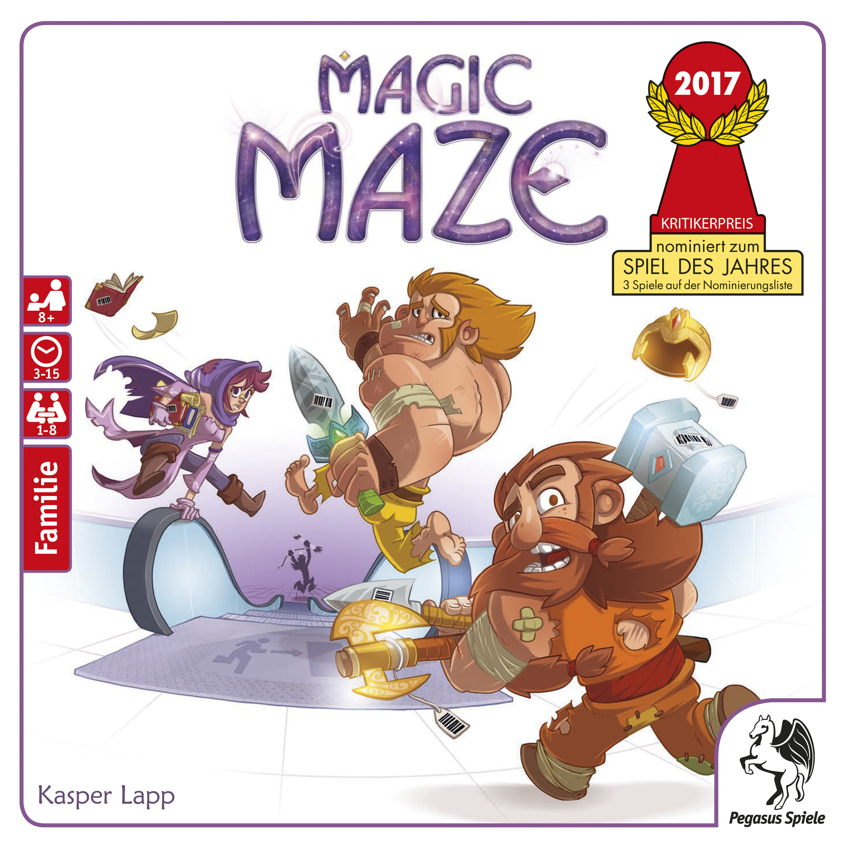 Magic Maze Brettspielbox, drei Cartoon-Figuren, Auszeichnung.