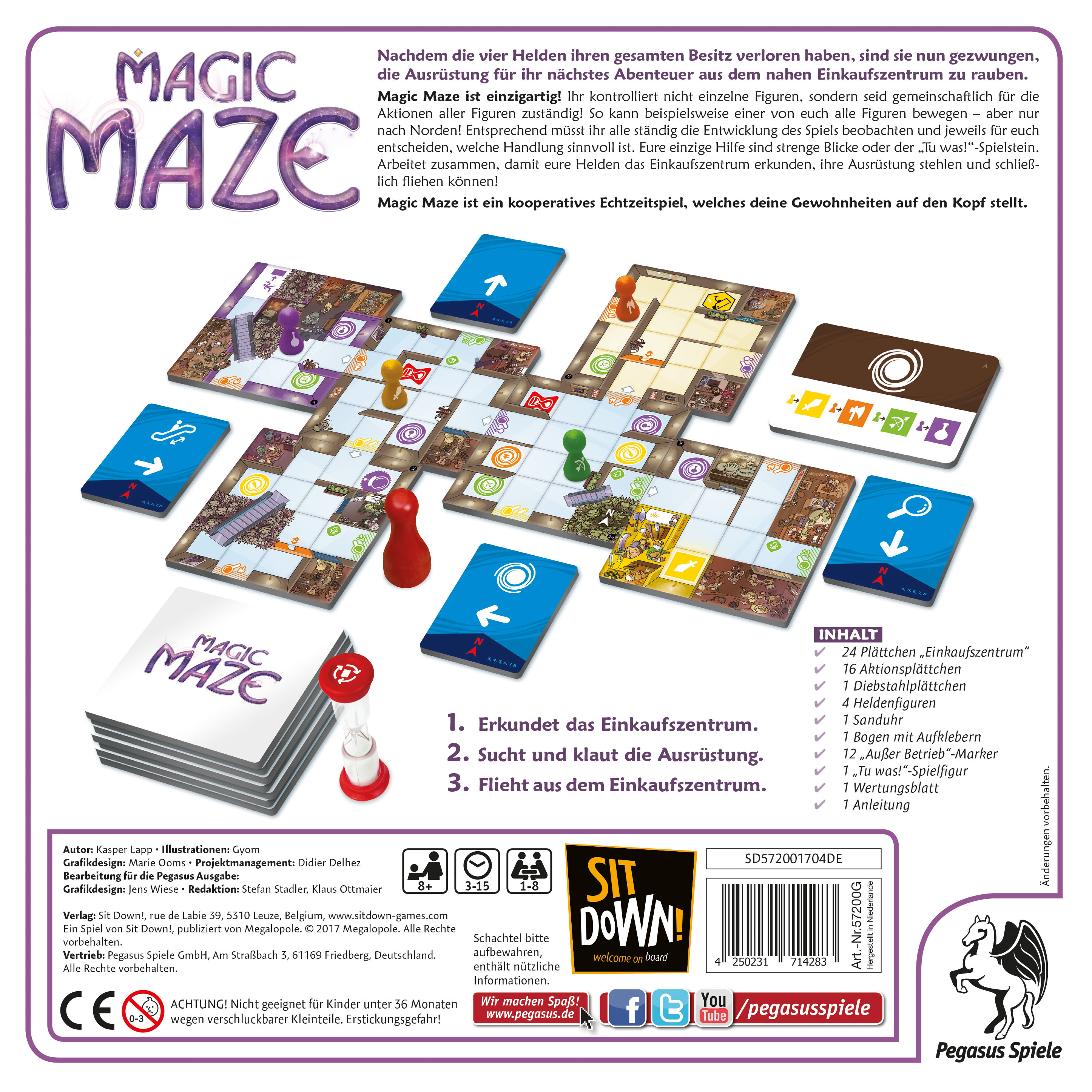 Magic Maze Brettspielbox, Brett und Spielsteine.  Das Brett ist ein Labyrinth mit farbigen Wegen.