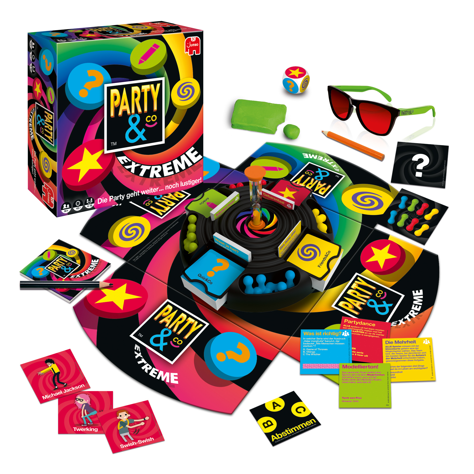 Party & Co Extreme Brettspiel. Bunte Box und Spielkomponenten, einschließlich Karten und einem Spinner.