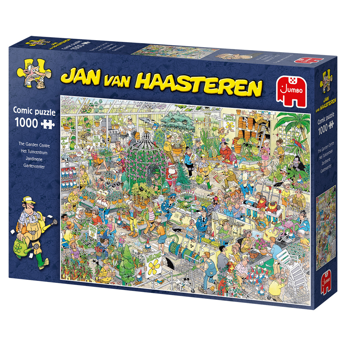 Una caja de rompecabezas con la escena cómica 'Jan Van Haasteren' de un invernadero concurrido.
