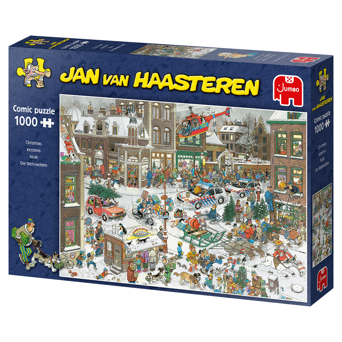 Una caja de rompecabezas cómico de Jan van Haasteren que representa una escena invernal concurrida con muchos personajes.