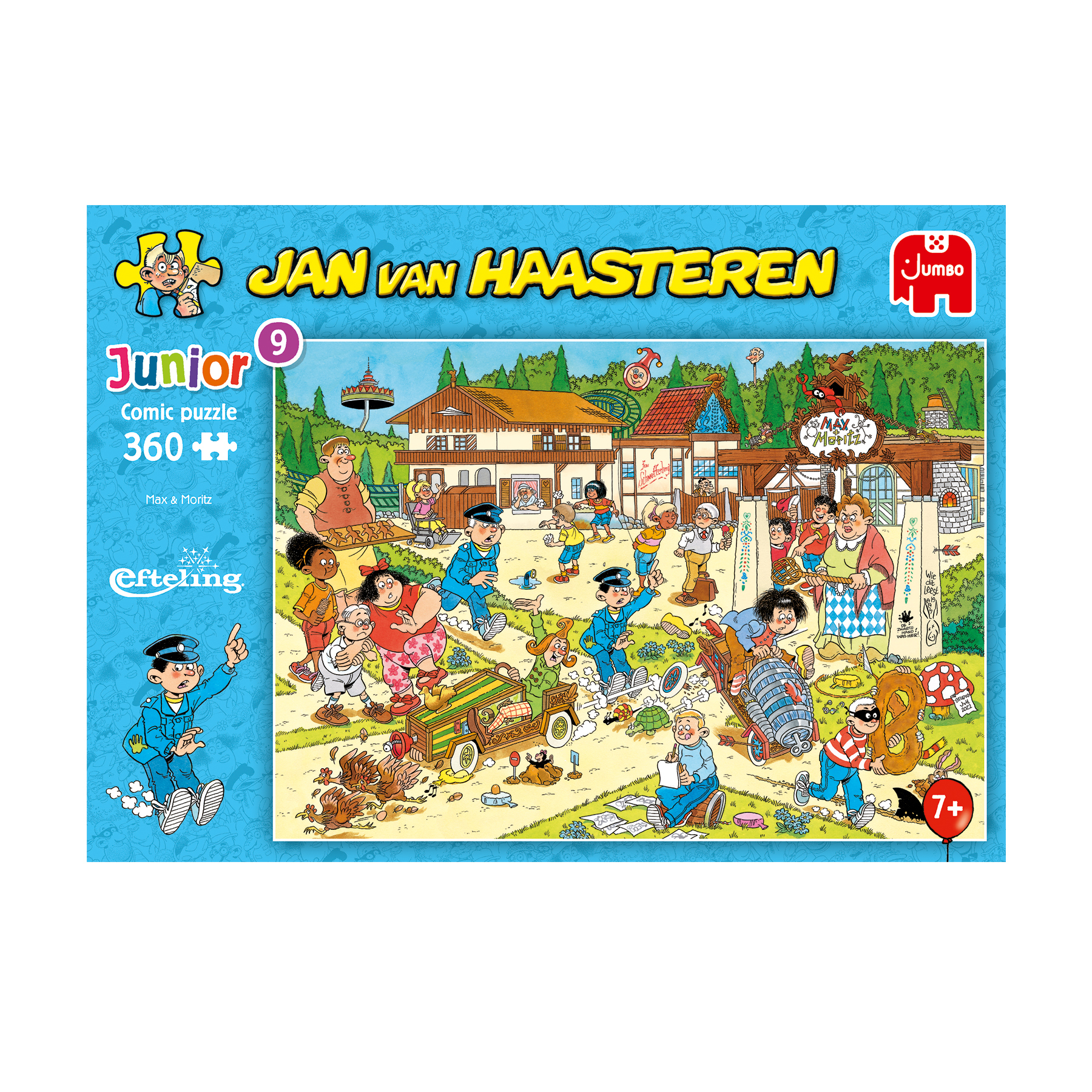 A cartoon puzzle box with a detailed village scene and 'Jan van Haasteren' on it.