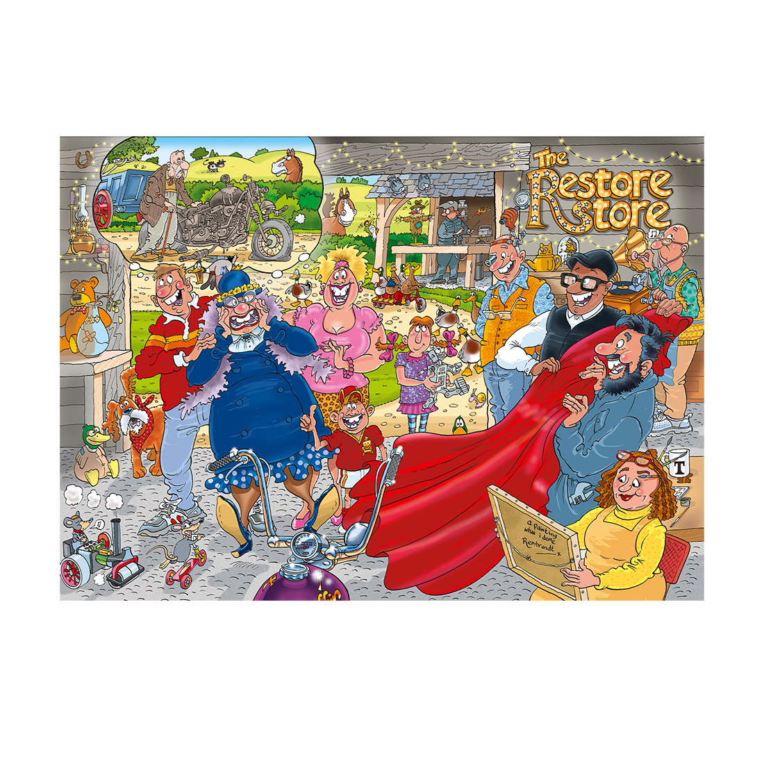 Puzzle Wasgij przedstawiające renowację sklepu z postaciami z kreskówek i przedmiotami. Wiele szczegółów. Kolorowe.