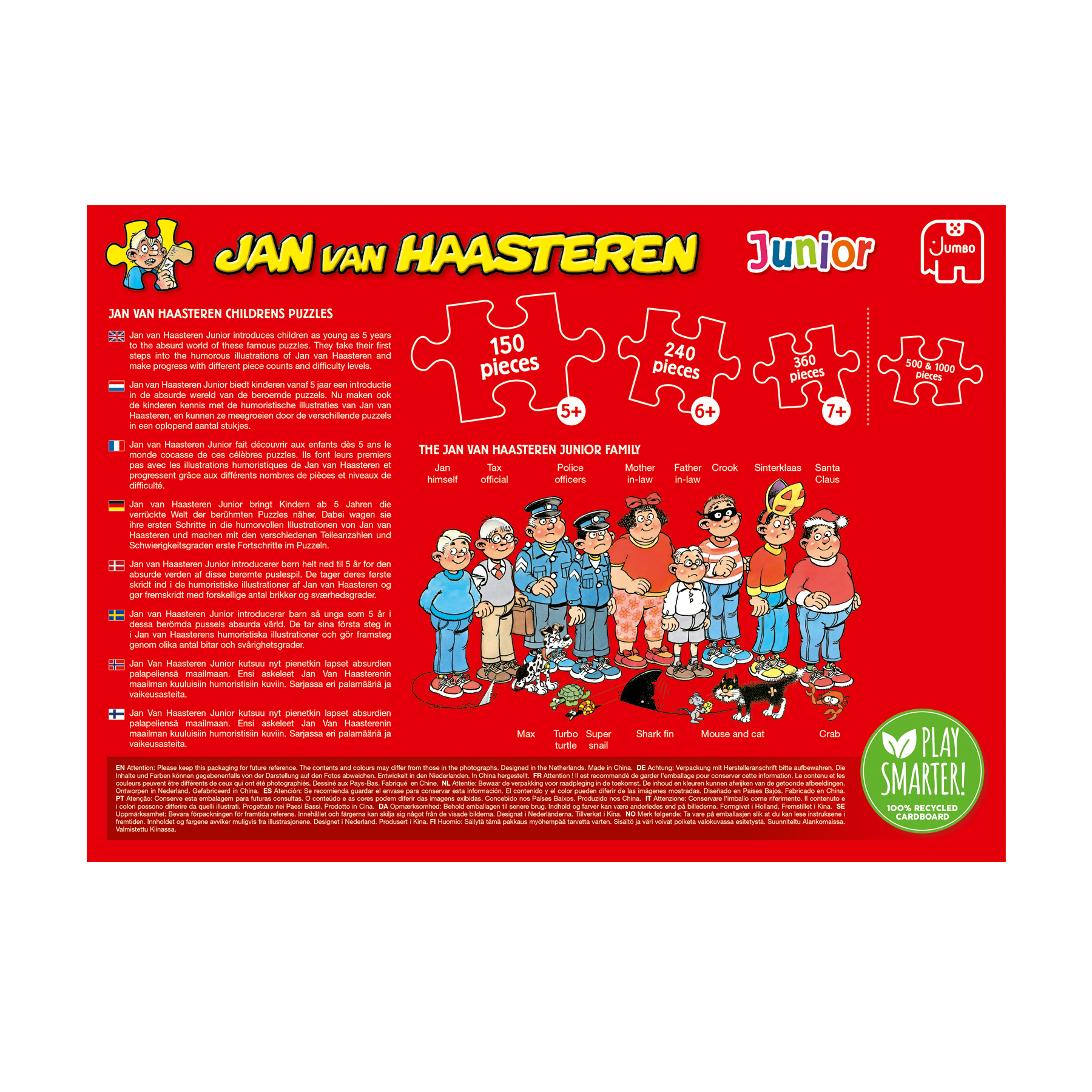 A box with a colorful cartoon scene of a family, various characters, and text in multiple languages.