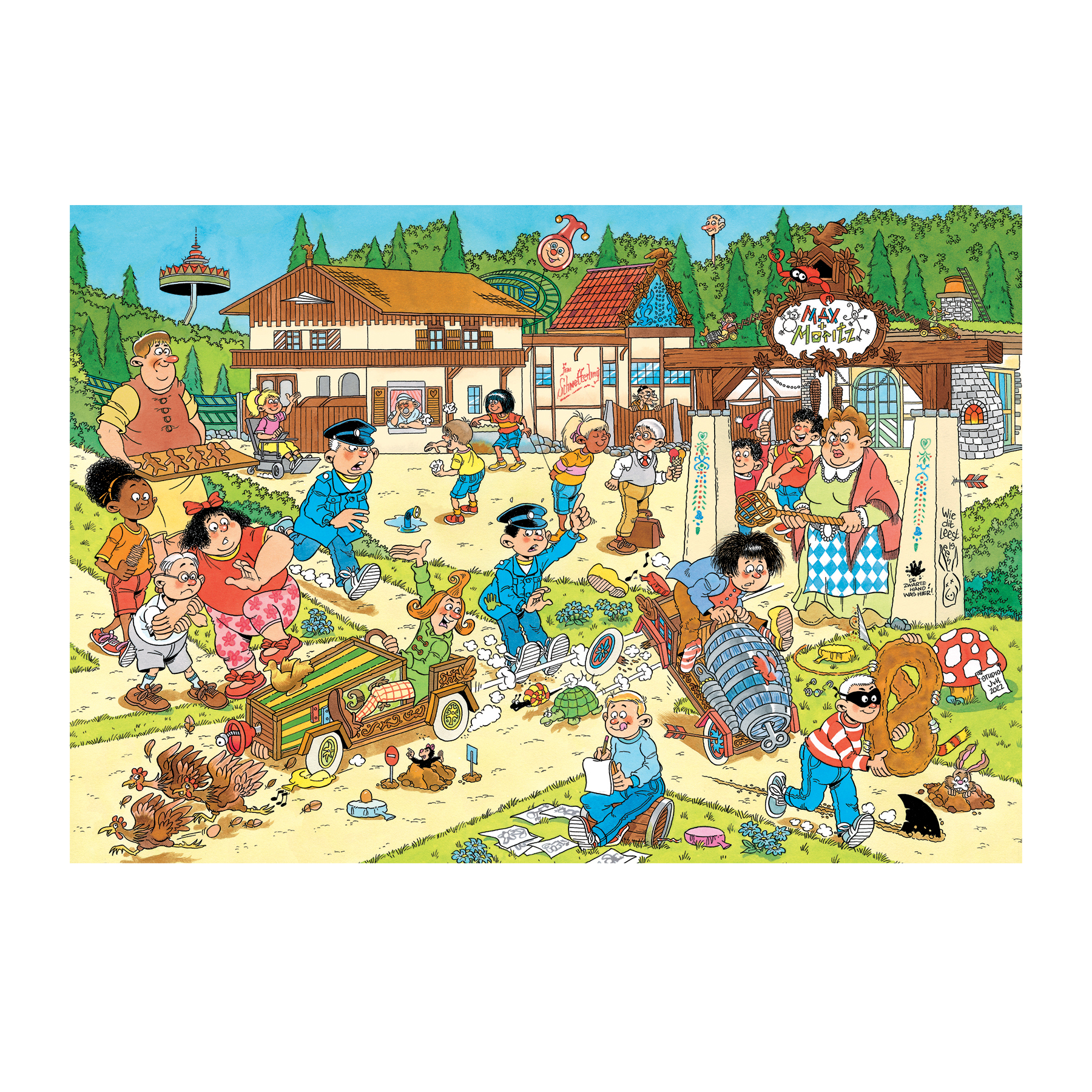 A cartoon-like village scene with many people, buildings, and activities.