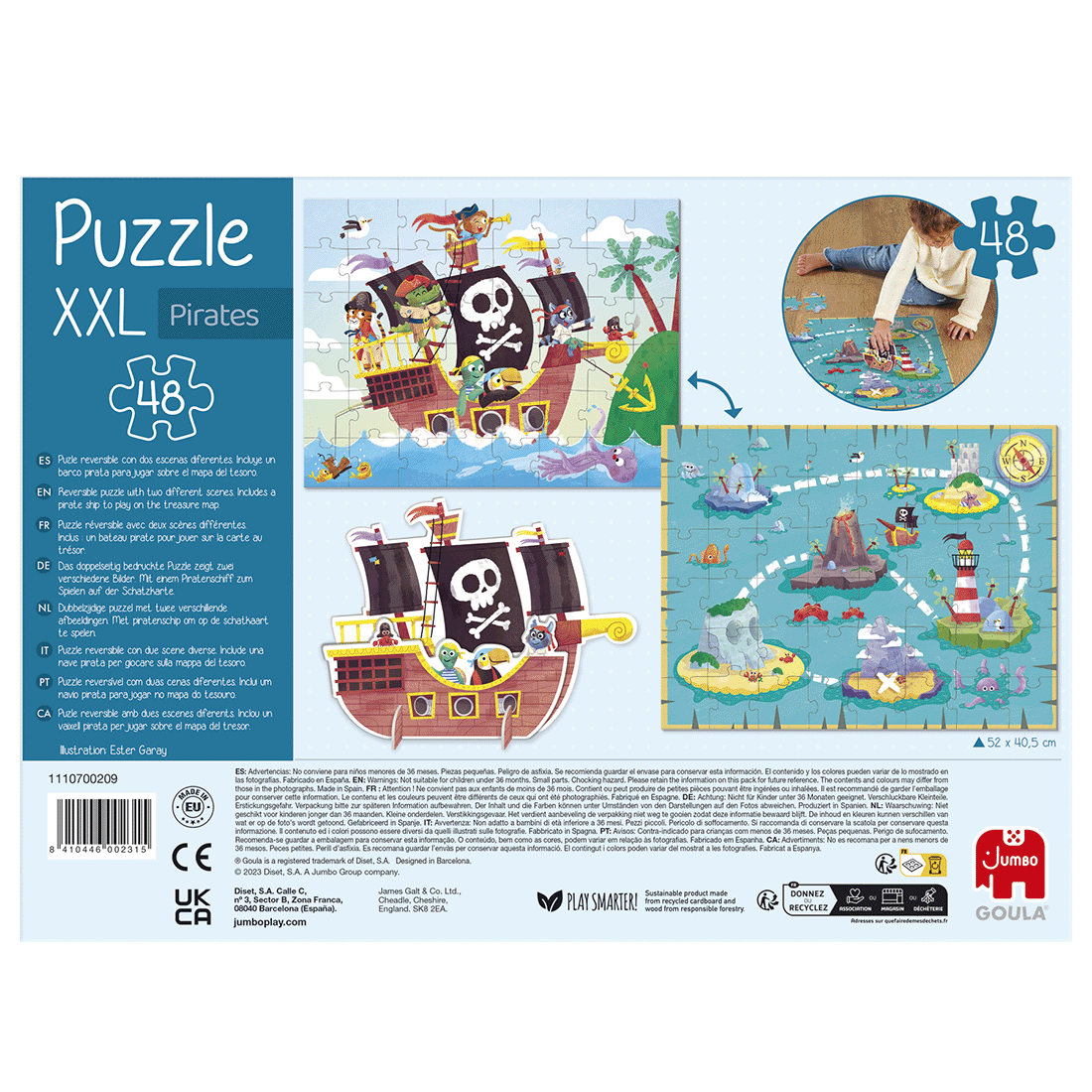 Puzzle z pirackim statkiem, mapą skarbów i różnymi ilustracjami o tematyce pirackiej. Kolorowe i zabawne.