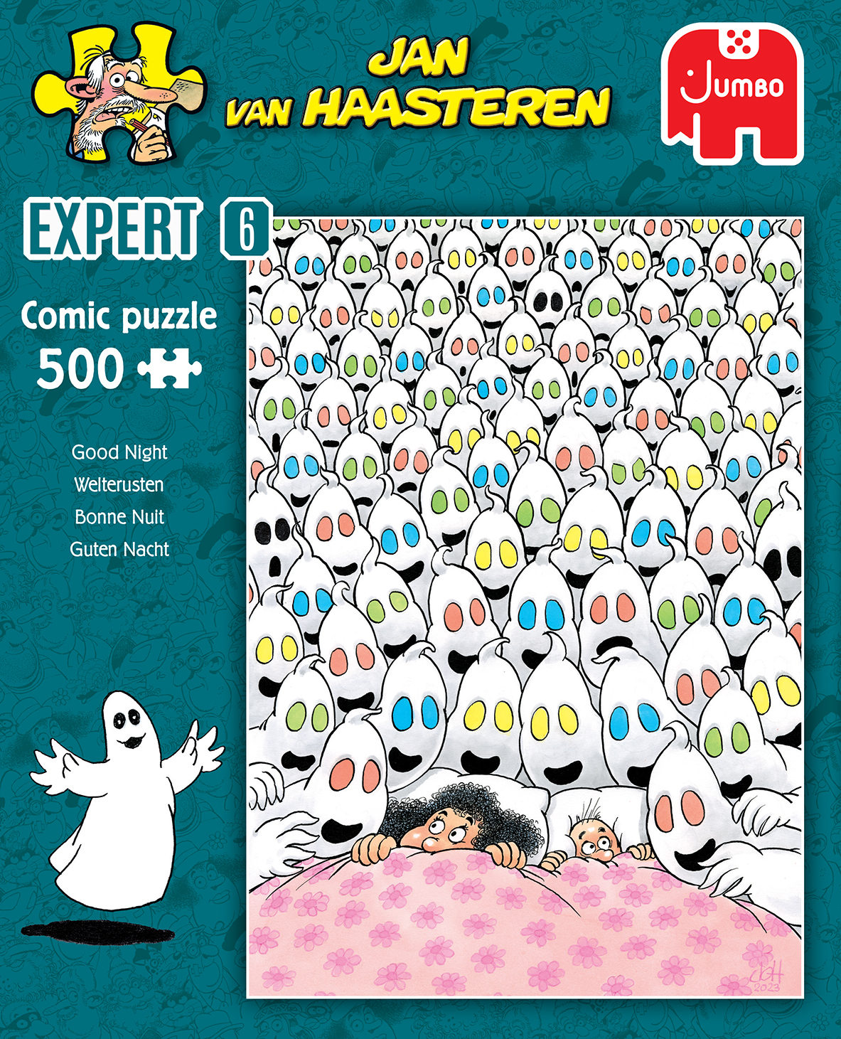 Puzzle komiksowe Dobranoc. Białe duchy z kolorowymi oczami otaczają łóżko z ludźmi.