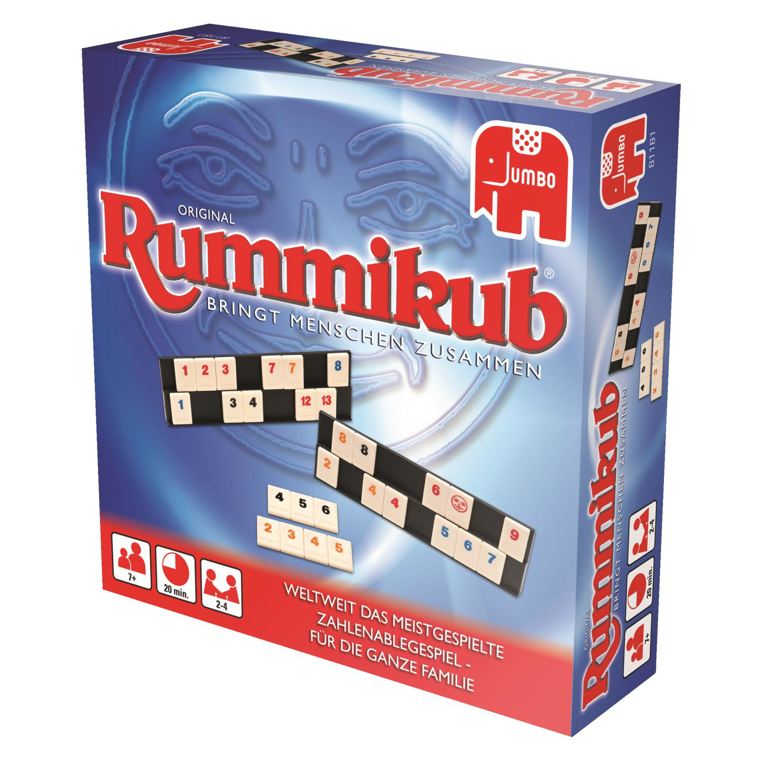 Rummikub-Spielbox mit Spielsteinen und Anleitungen. Die Box zeigt das Logo und die Komponenten.