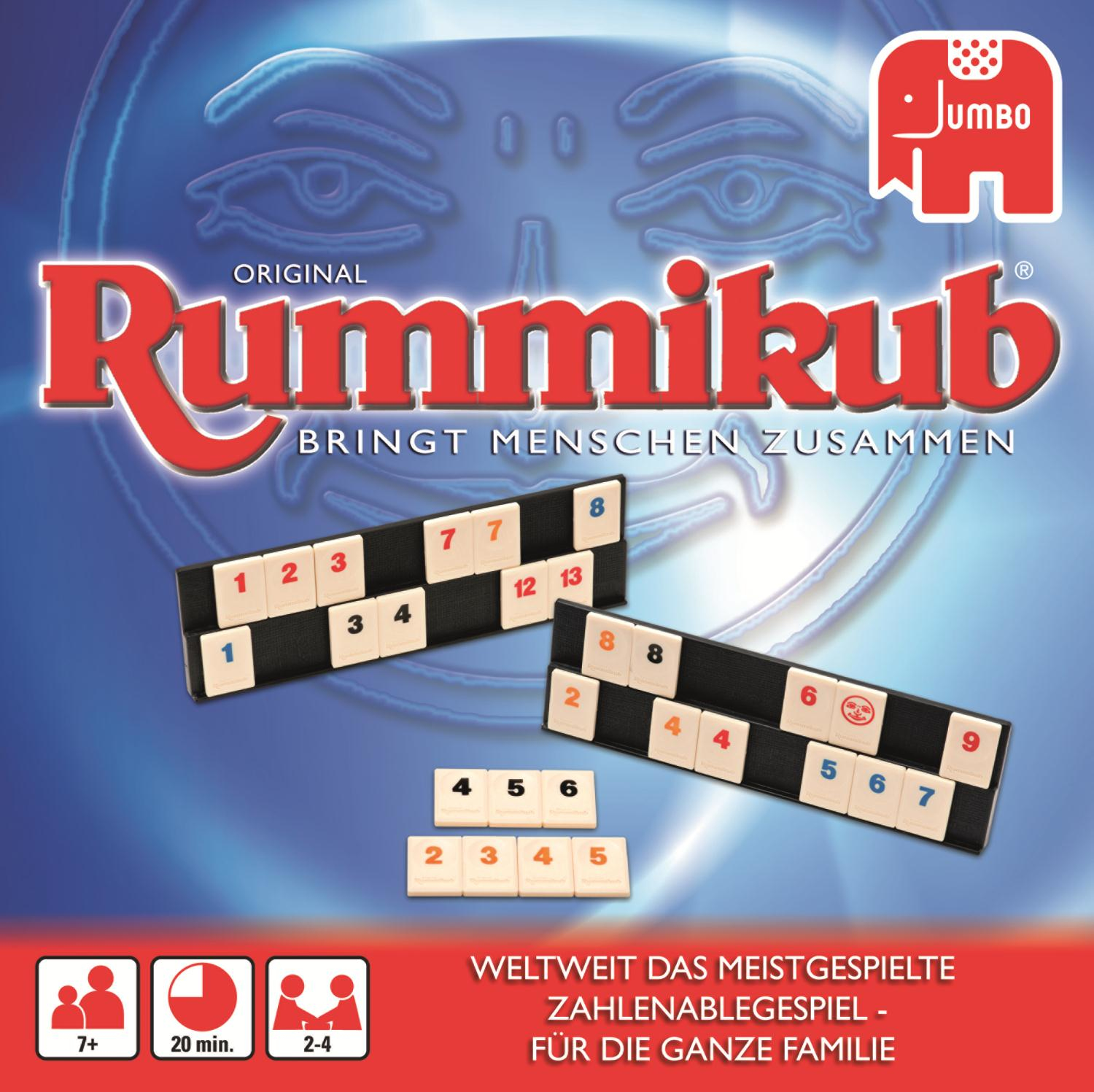 Rummikub Spielbox. Spielsteine mit Zahlen. Die Box sagt, es bringt Menschen zusammen.