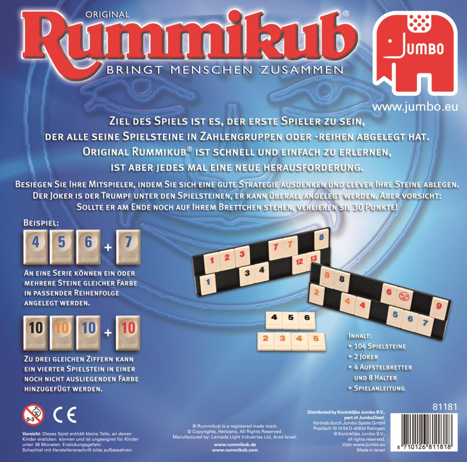 Rummikub-Spielbox. Text auf der Box, der die Spielregeln beschreibt und Spielsteine zeigt.