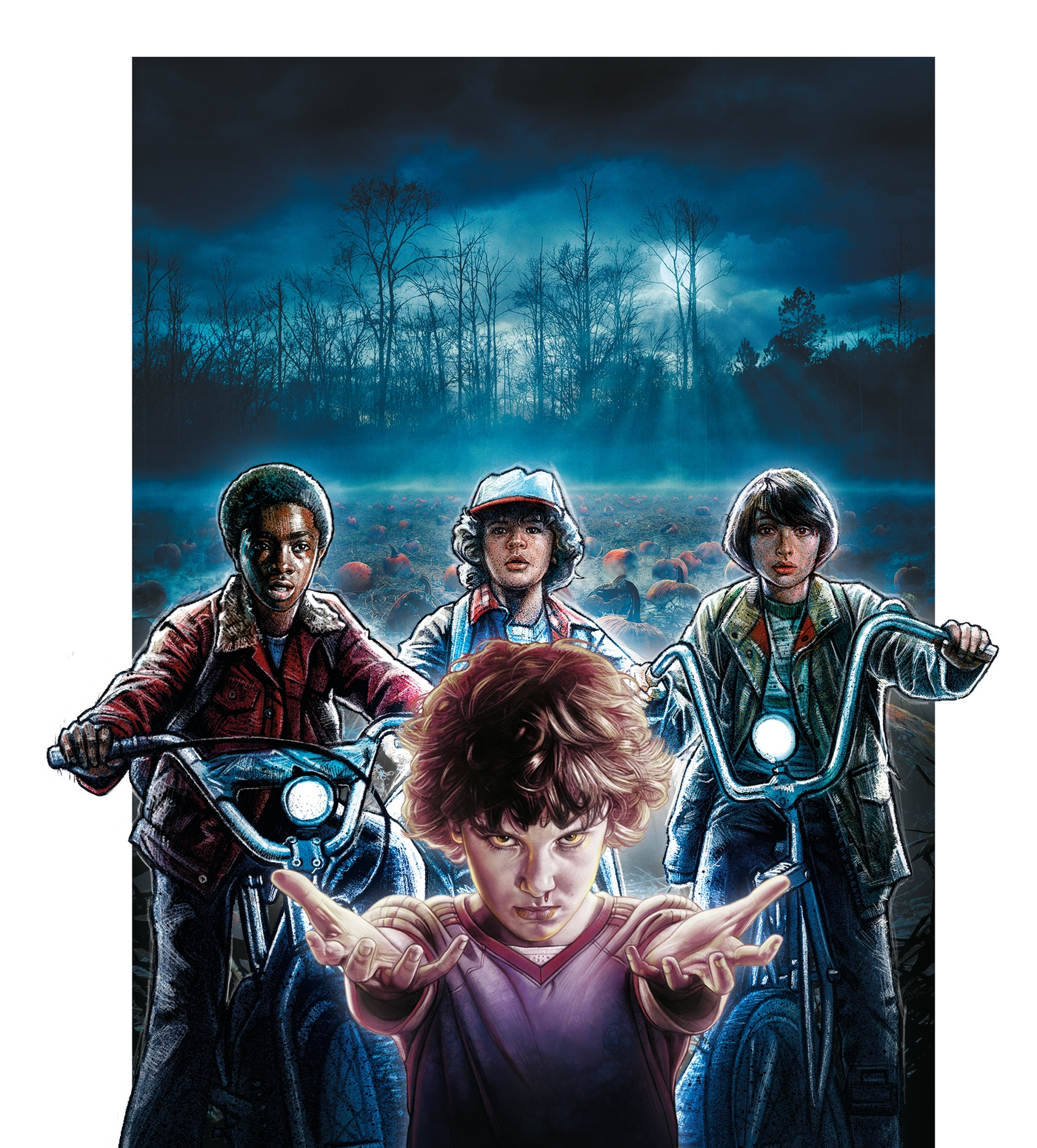 Quatre personnes à vélo. Un devant avec les mains ouvertes. Fond sombre avec arbres et citrouilles.