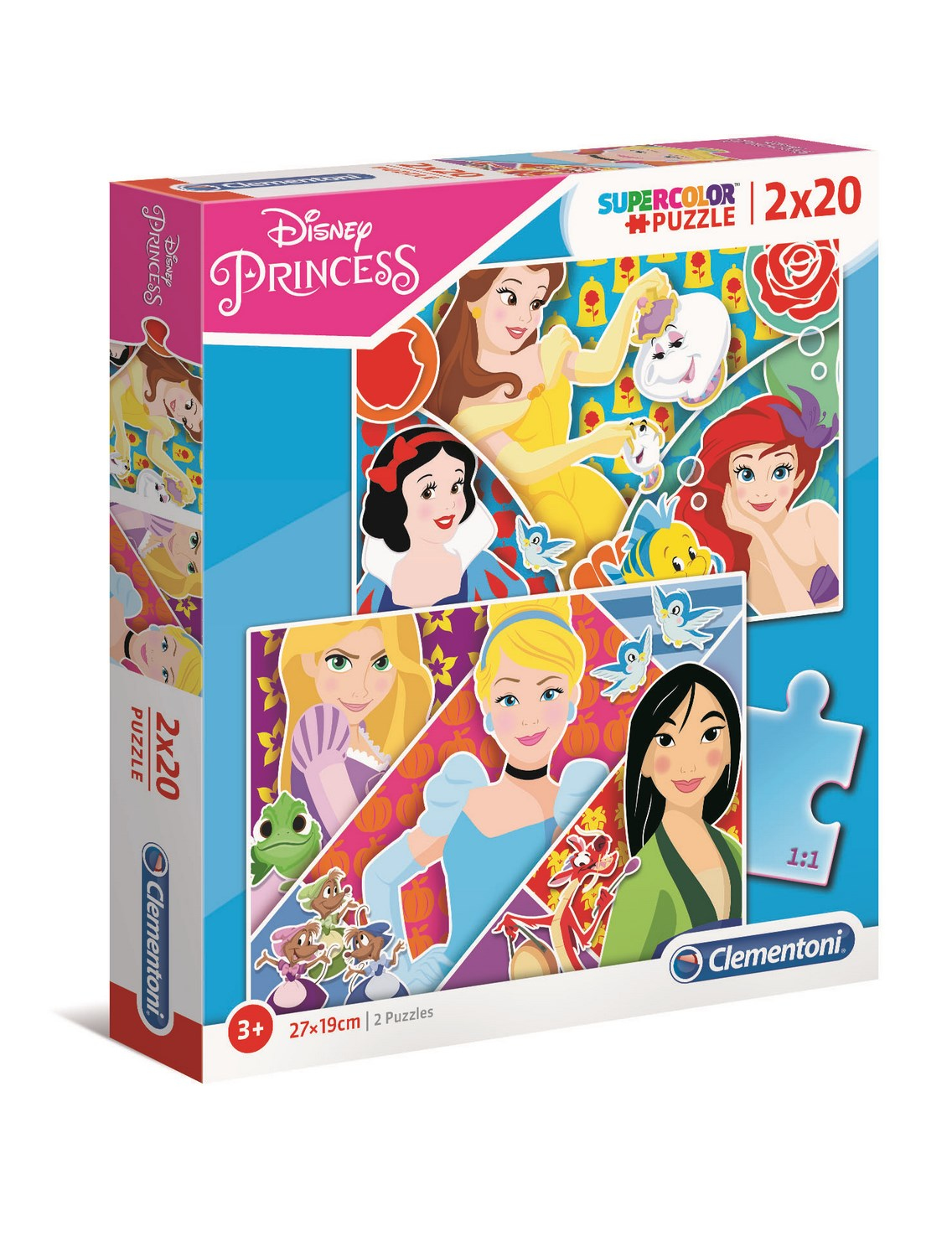 Pudełko z puzzlami Disney Princess z ilustracjami różnych księżniczek.