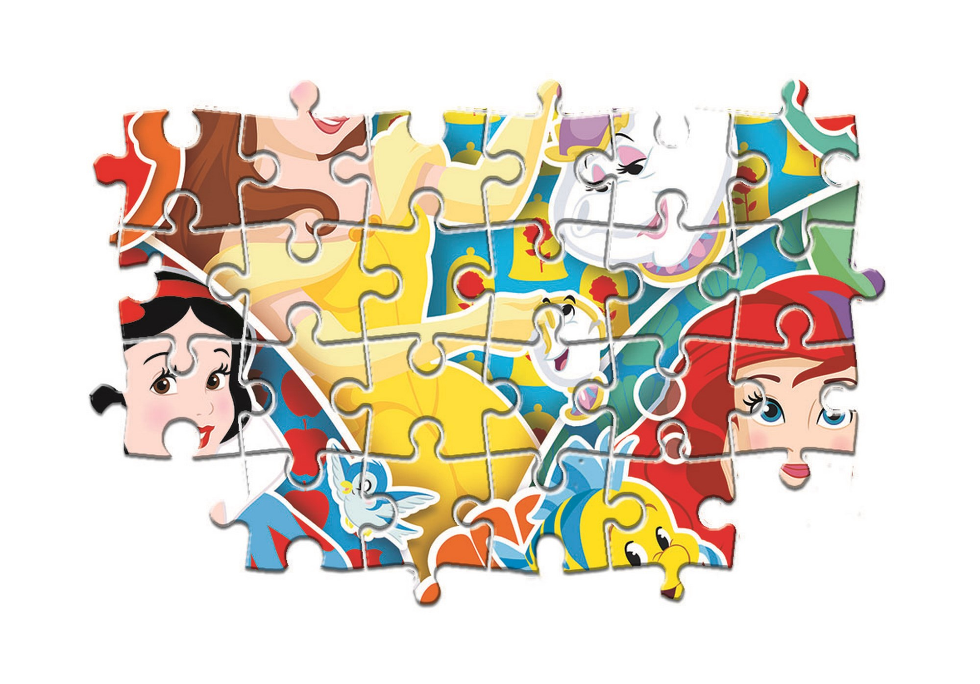 Elementy układanki z księżniczkami Disneya ułożone na białym tle.