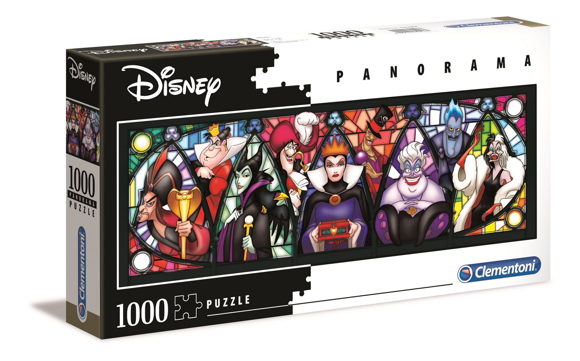 Caja de rompecabezas con villanos de Disney como Jafar, Maléfica y Úrsula. La caja es blanca y negra, con el logo de Disney.