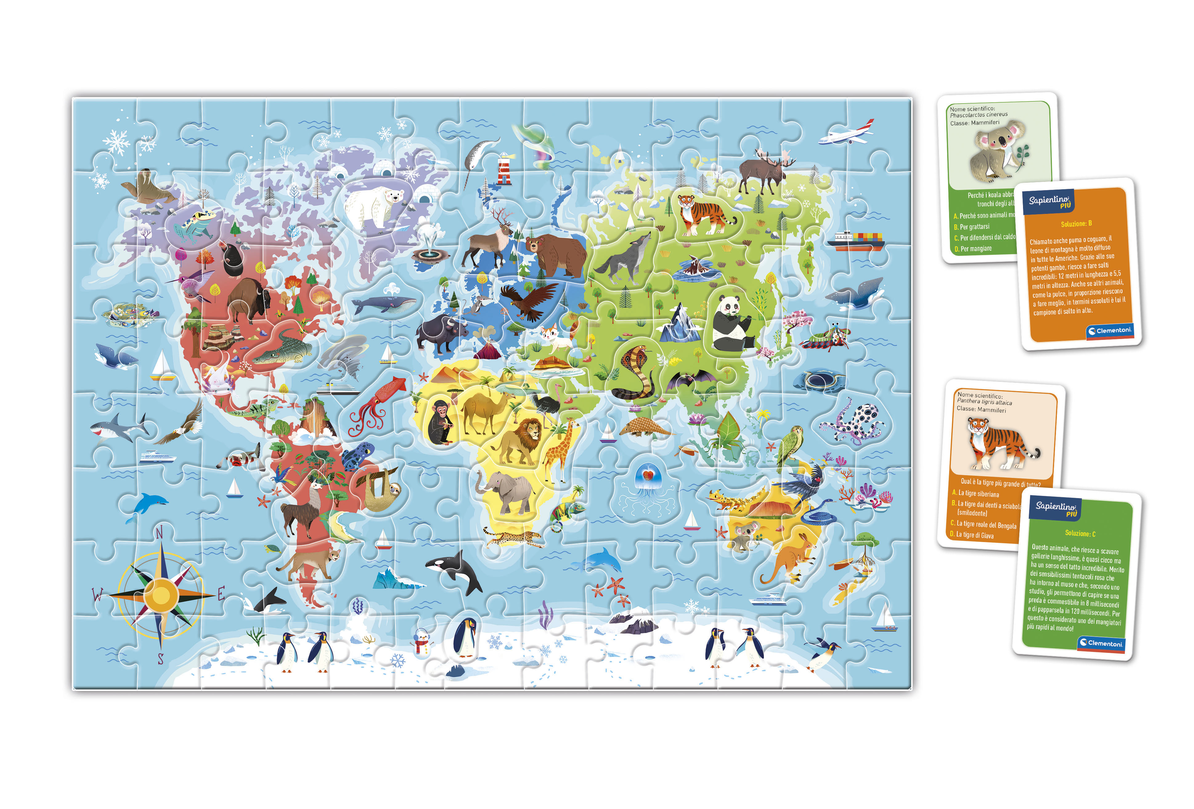 Weltkartenpuzzle mit Tieren. Karten rechts mit Informationen über Tiere.