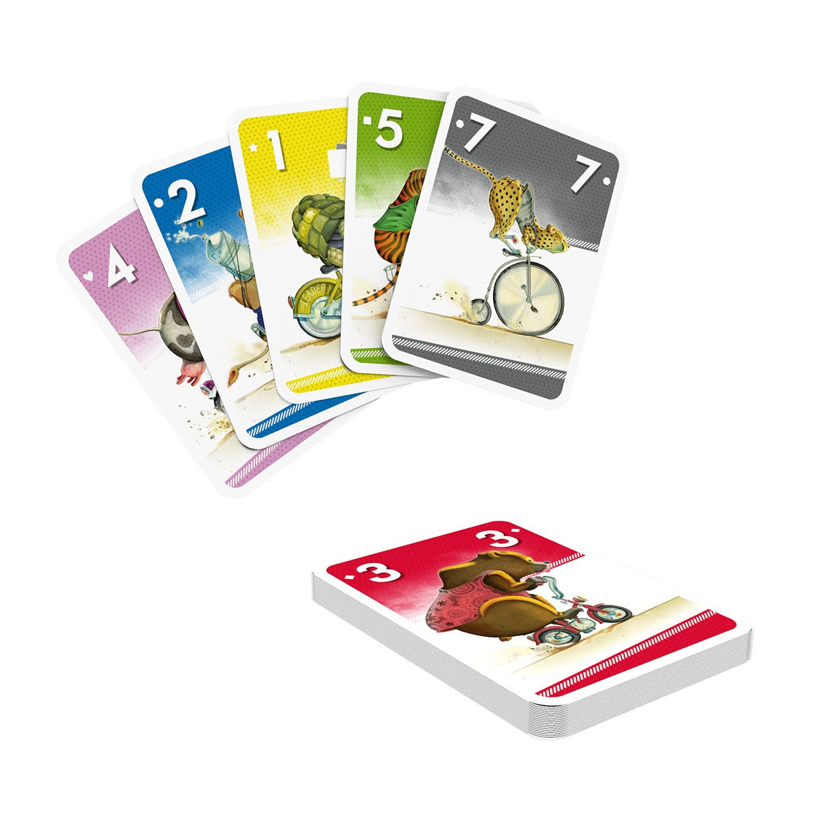 Ein Stapel Spielkarten mit verschiedenfarbigen Karten. Eine Karte zeigt einen Geparden auf einem Einrad.