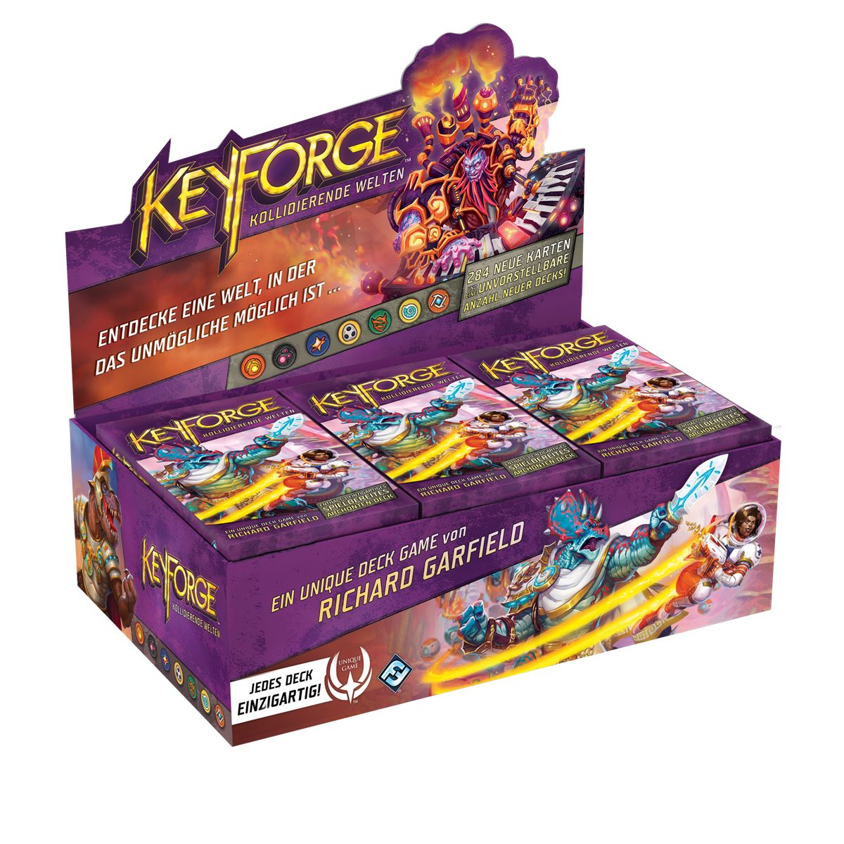 Keyforge-Kartenspiel-Displaybox. Schachteln mit Karten mit farbenfroher Kunst und Text.
