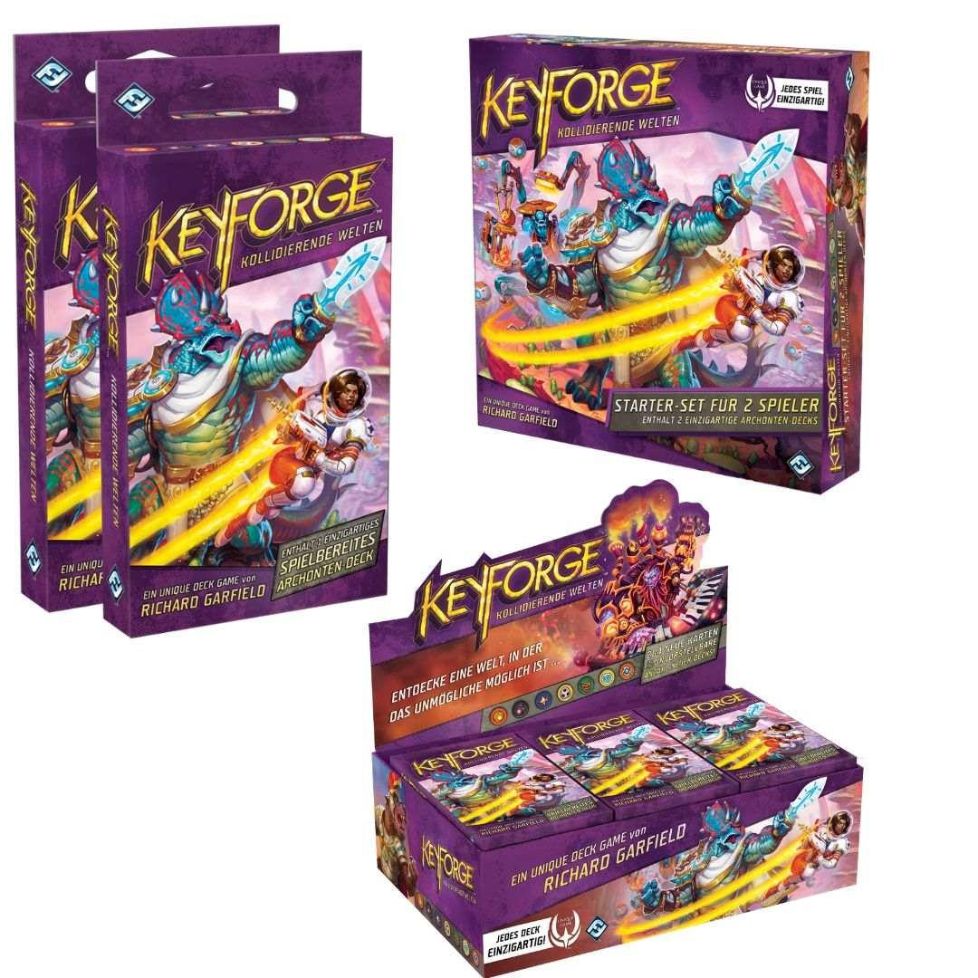 Verschiedene Keyforge-Kartenspielboxen. Die Boxen sind lila mit Fantasy-Art.