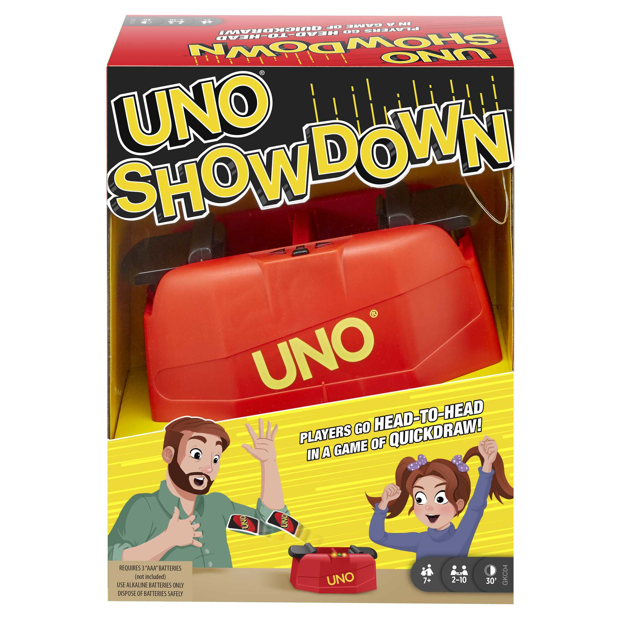 UNO Showdown Spielbox mit zwei Figuren. Rote Box mit UNO Logo.