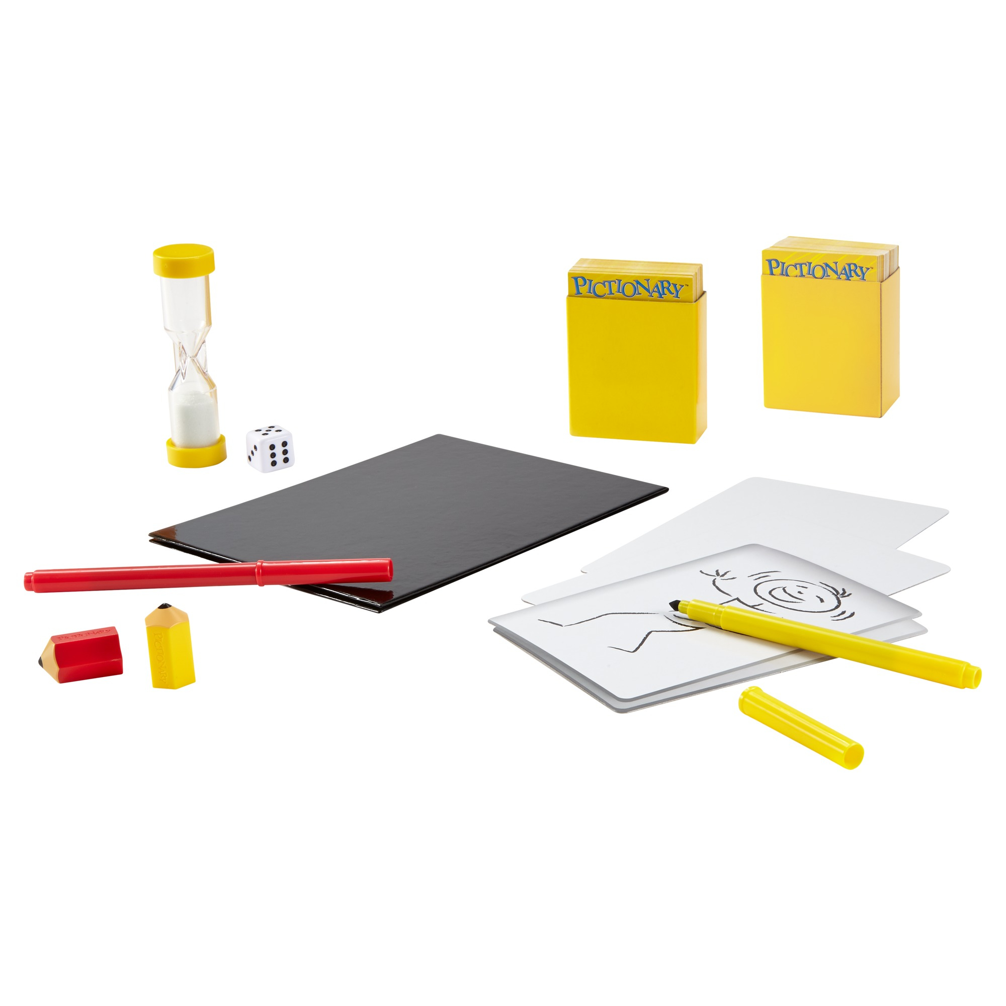 Pictionary-Spielset: Sanduhr, Würfel, Bleistifte, Zeichenbrett, gelbe Boxen und Karten.