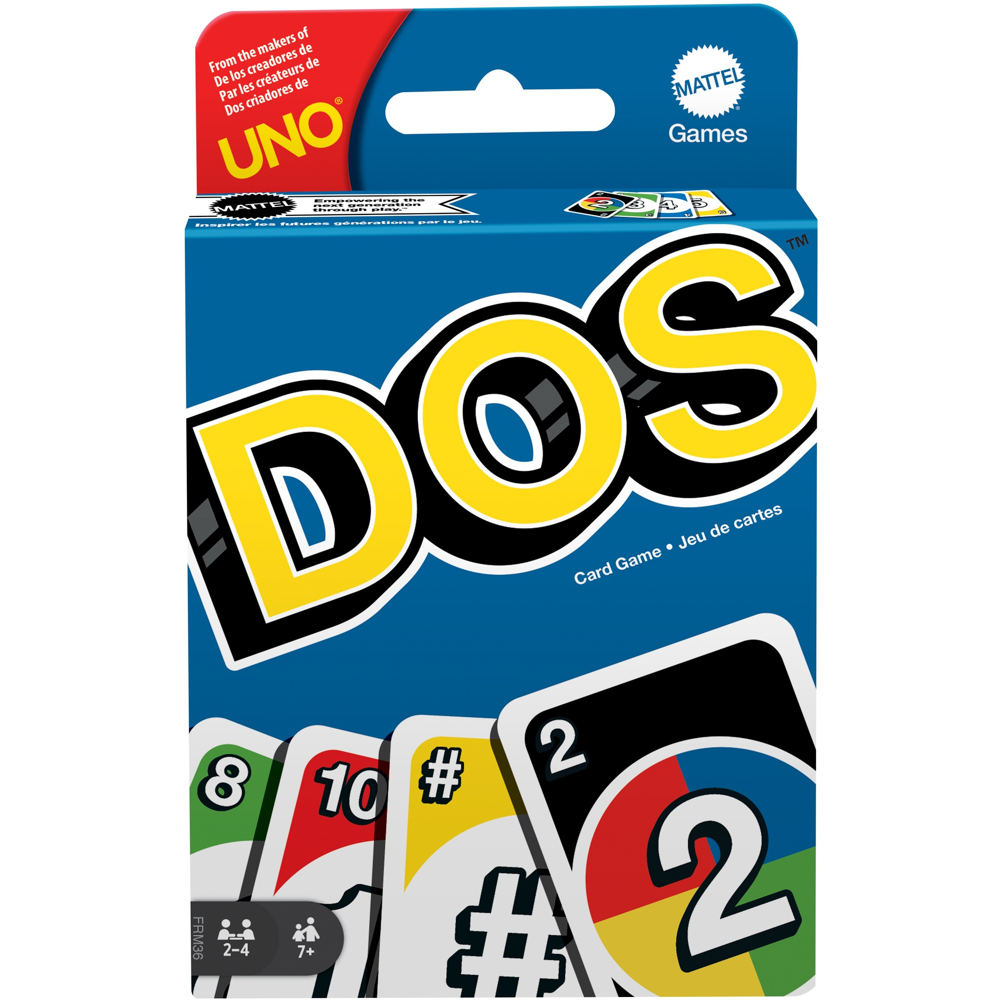 DOS-Kartenspielschachtel mit Karten, die Zahlen und Symbole zeigen. Blauer Hintergrund.