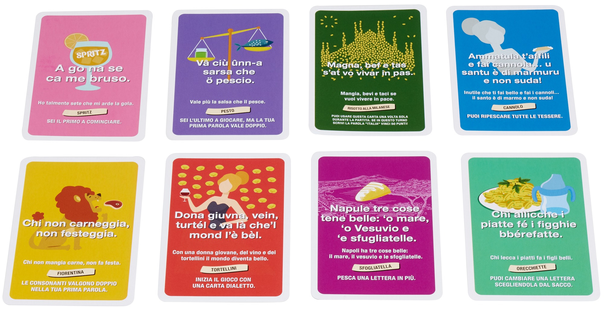 Acht italienische Spielkarten mit farbenfrohen Illustrationen und Text auf Italienisch. Themen sind Essen und Trinken.