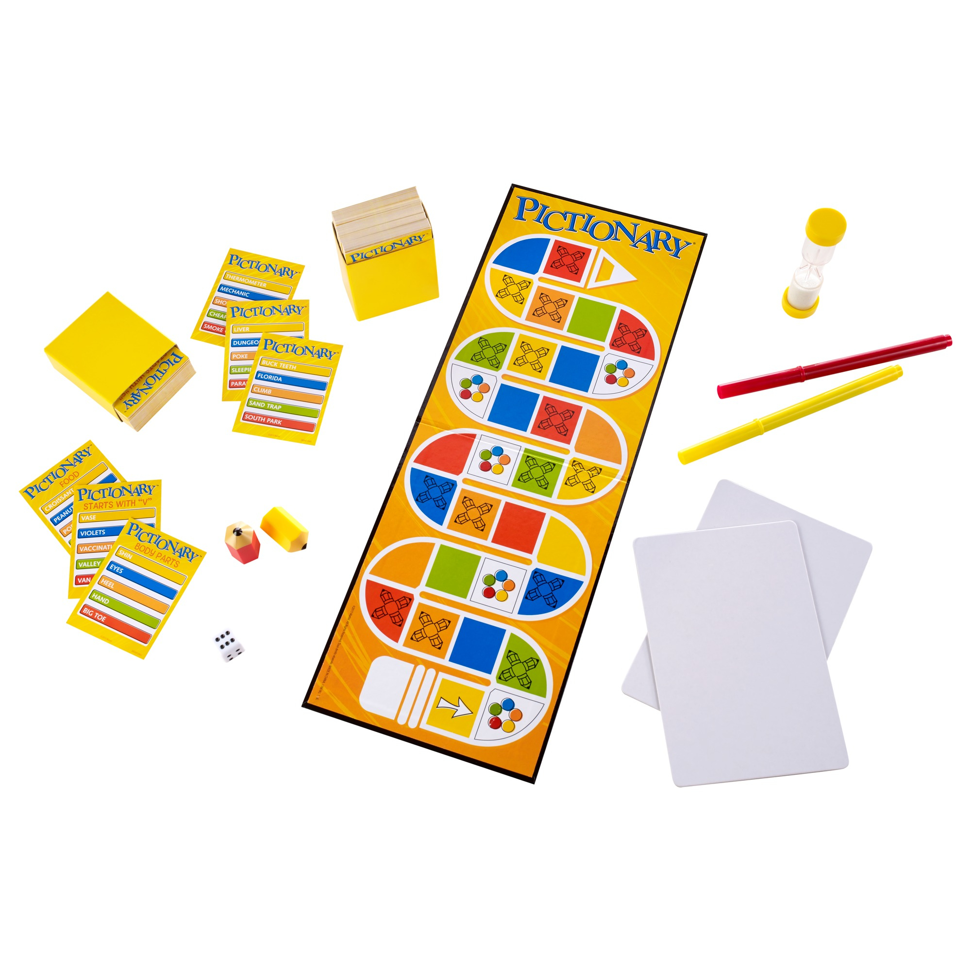 Pictionary-Spielset mit Karten, Stiften, Würfeln, einem Spielbrett und einer Sanduhr.