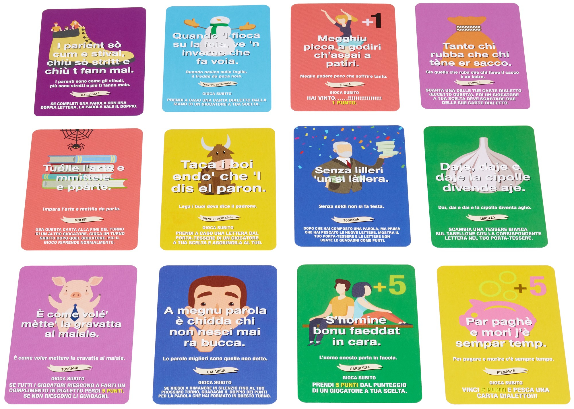 Zwölf Spielkarten mit italienischen Phrasen und Illustrationen in Draufsicht.