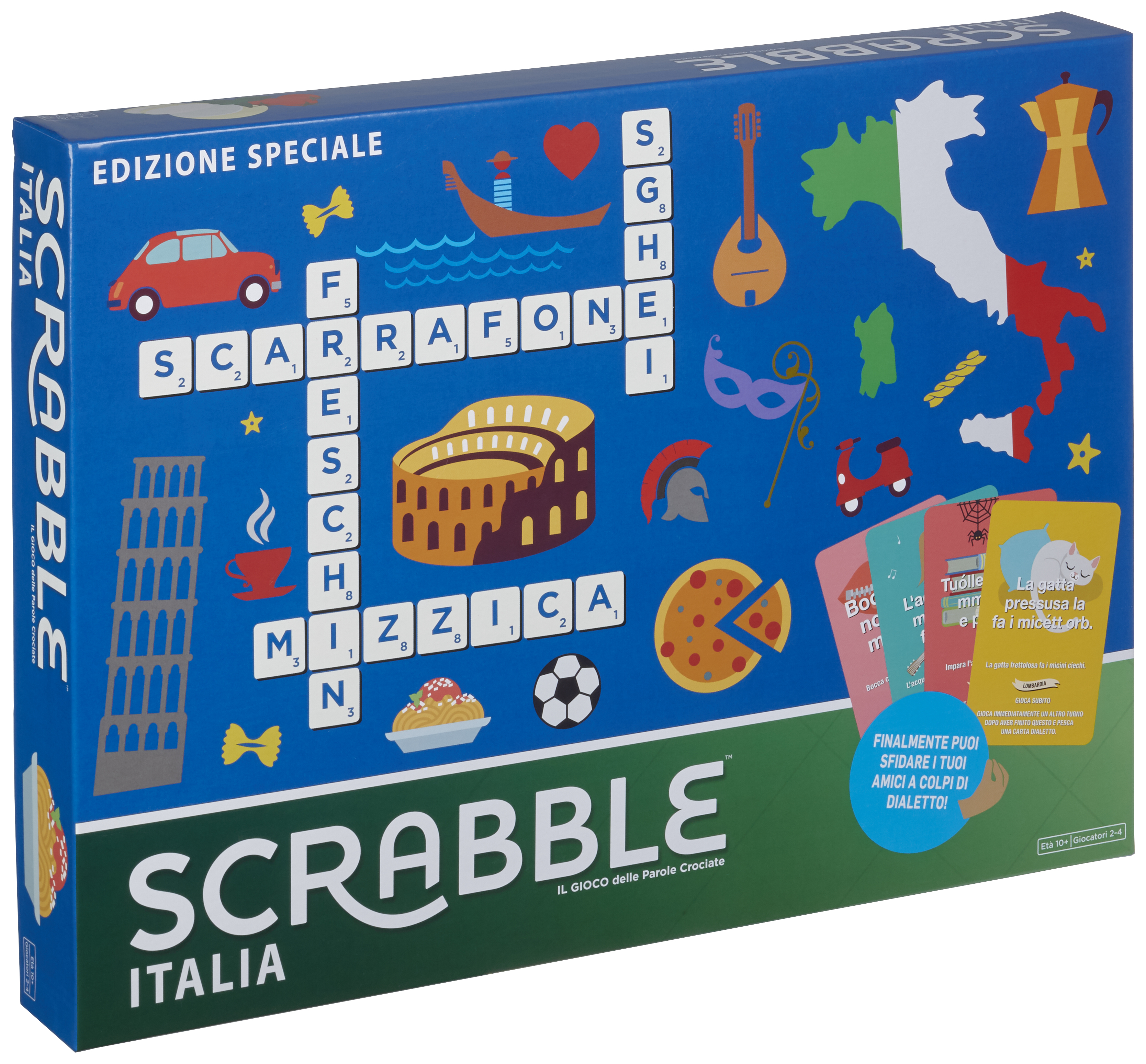 Eine Scrabble-Brettspielbox, Italia-Ausgabe, mit blauem Hintergrund.