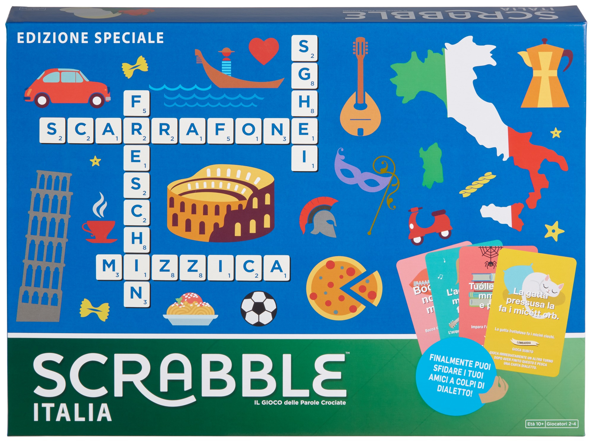 Scrabble Italia Spielbox. Enthält italienische Wahrzeichen und Symbole, mit italienischen Wörtern auf den Steinen.