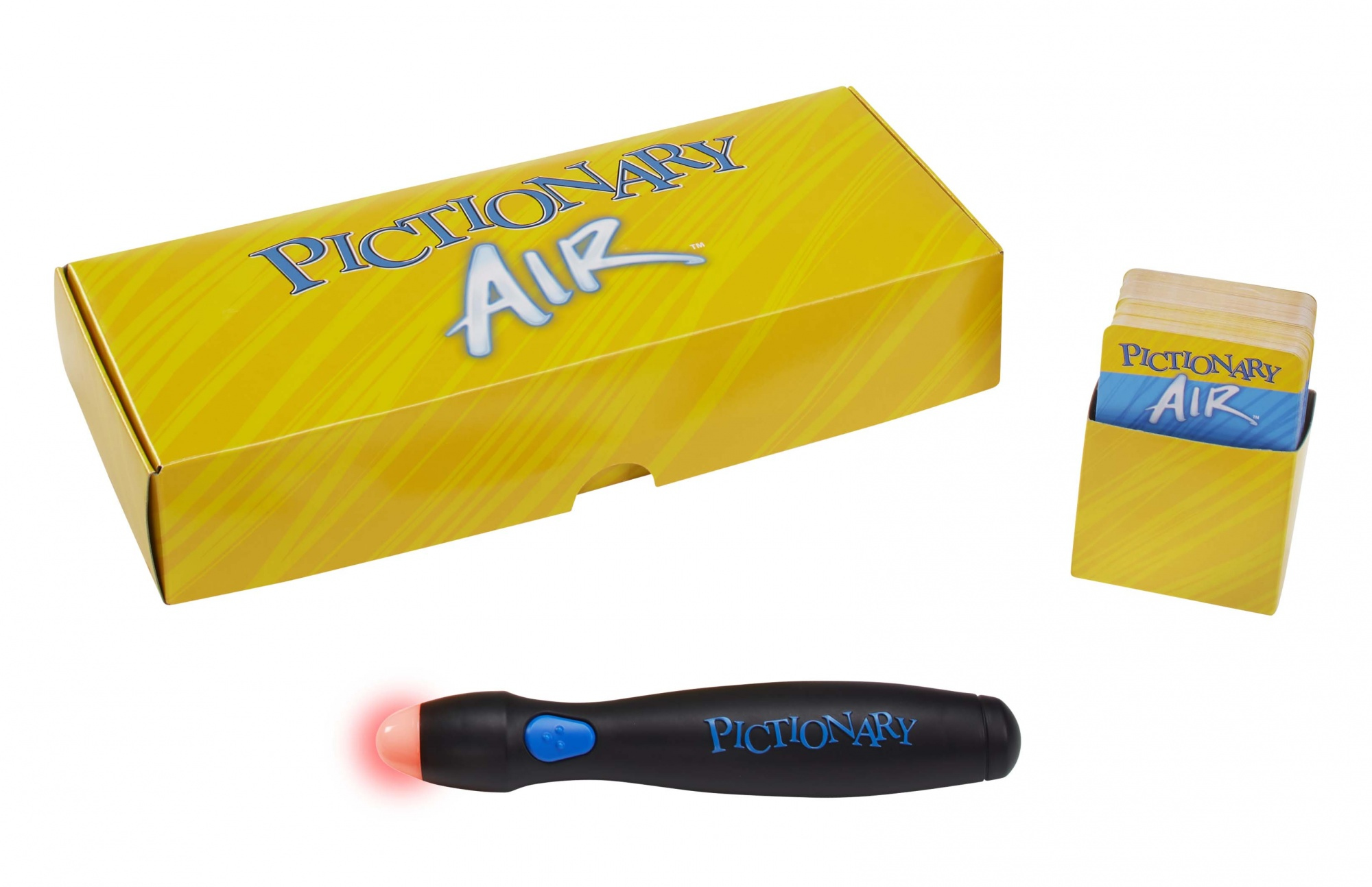 Eine gelbe Pictionary Air Box mit einem Stift und Karten.