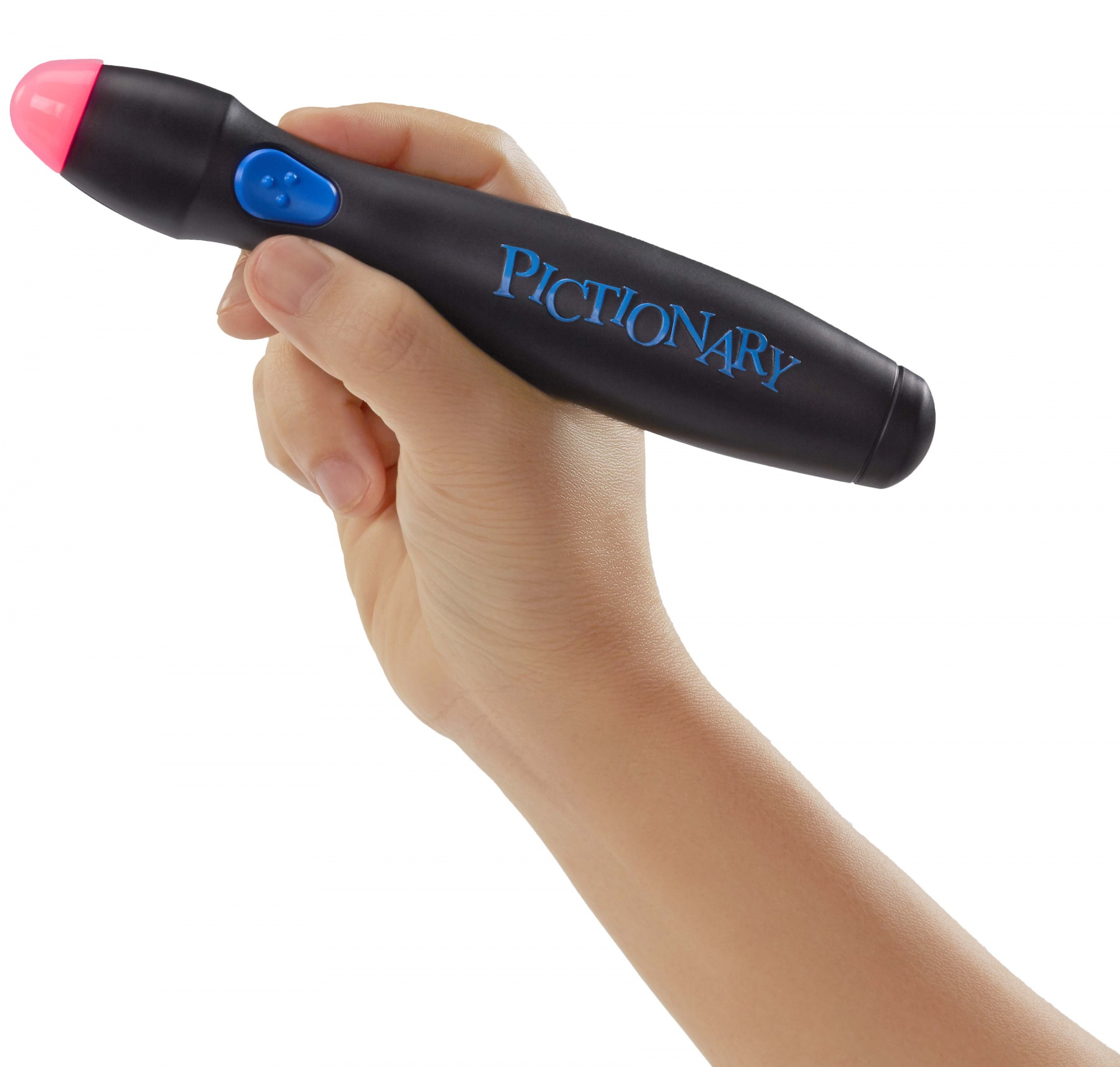 Eine Hand, die einen schwarzen Pictionary-Stift mit rosa Spitze und blauem Knopf hält.
