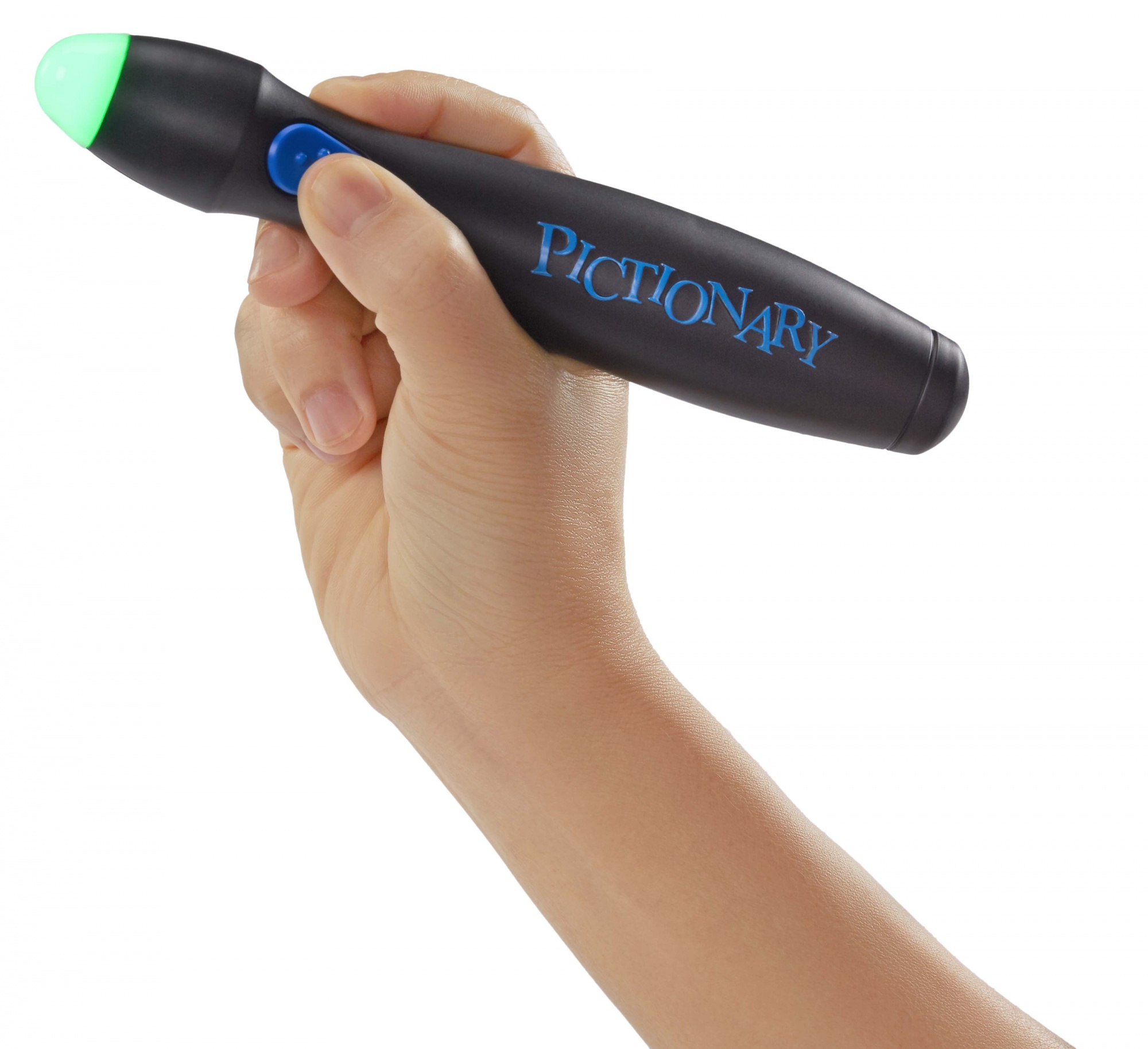 Eine Hand hält einen schwarzen Pictionary-Stift mit grünem Licht an der Spitze.
