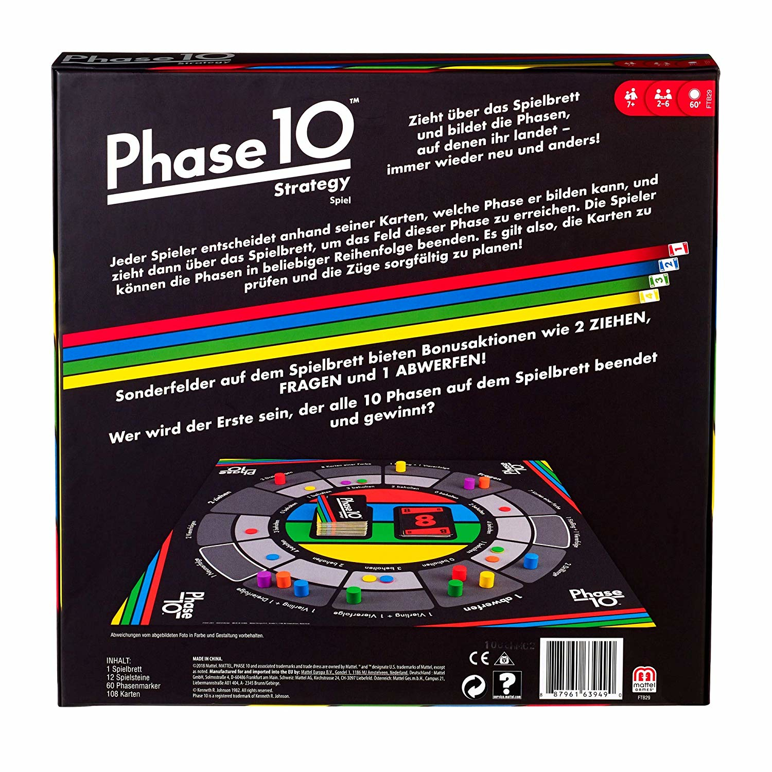 Rückseite der Phase 10 Strategy-Spielbox mit Spielbrettillustration und Text.