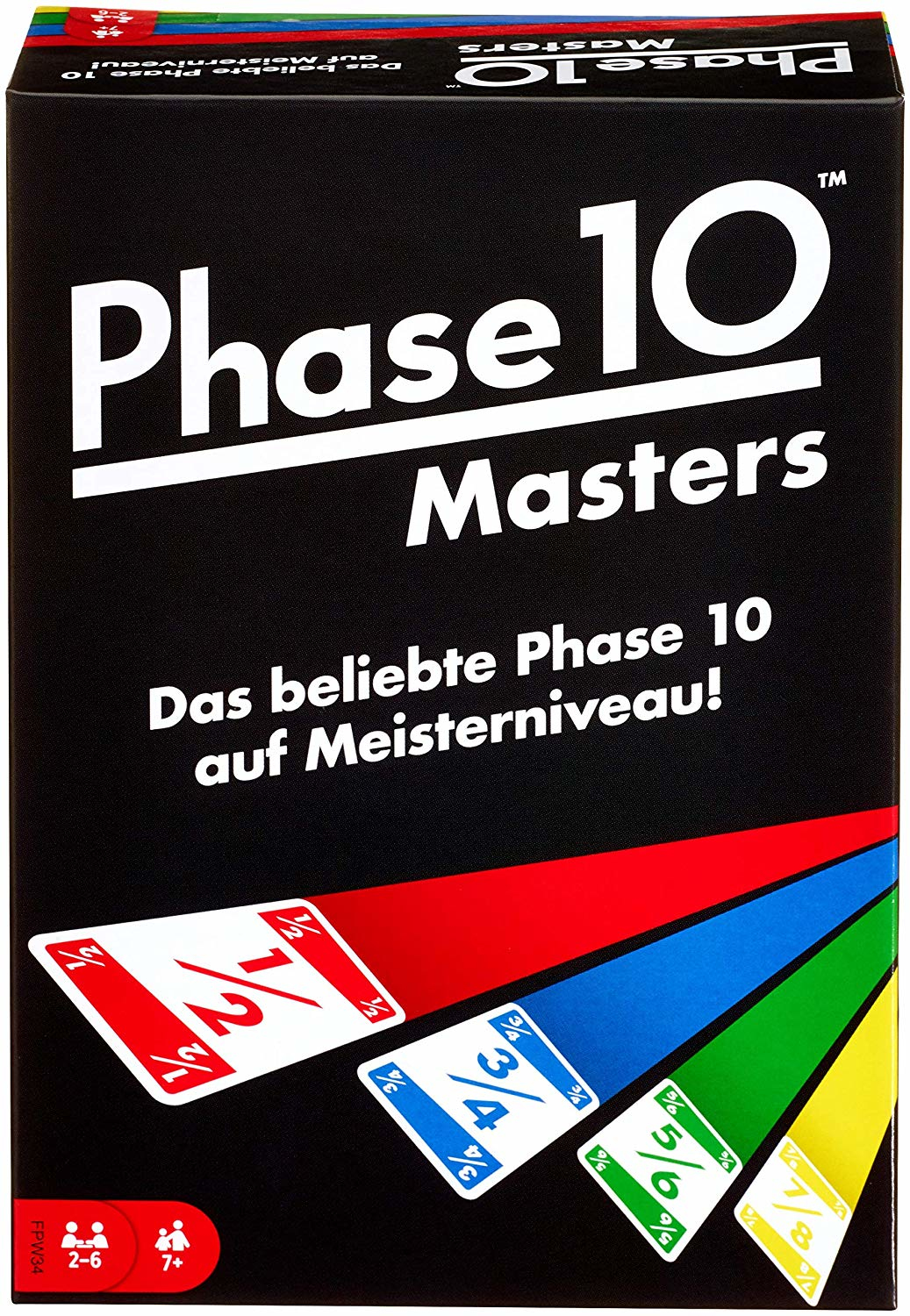 Schwarze Box mit Text 'Phase 10 Masters'. Karten mit verschiedenen Farben sind unten in einer Reihe dargestellt.