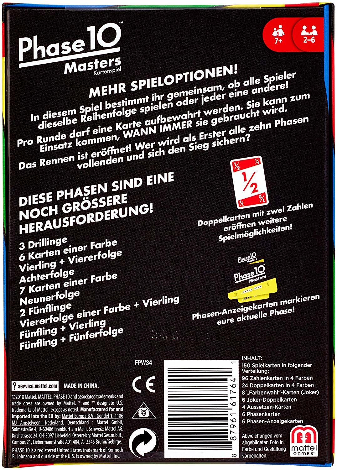 Rückseite der Phase 10-Kartenspielbox mit Spielregeln und Informationen.