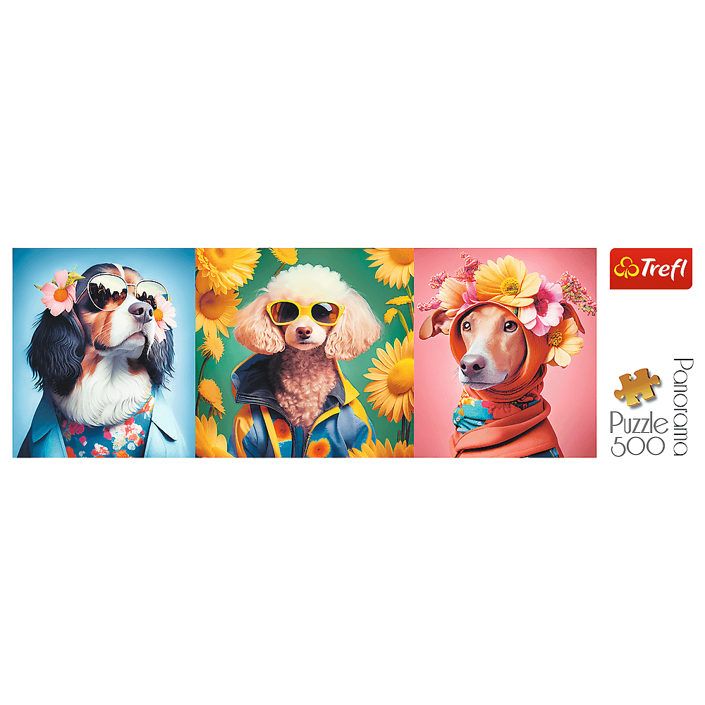 Drie honden met zonnebrillen en bloemen. De scène speelt zich af tegen een achtergrond van zonnebloemen.