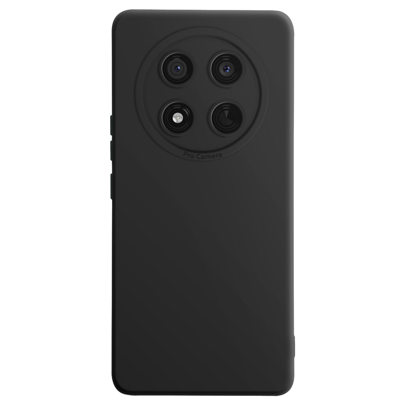 Custodia per telefono nera con modulo fotocamera a quattro lenti, sfondo bianco.