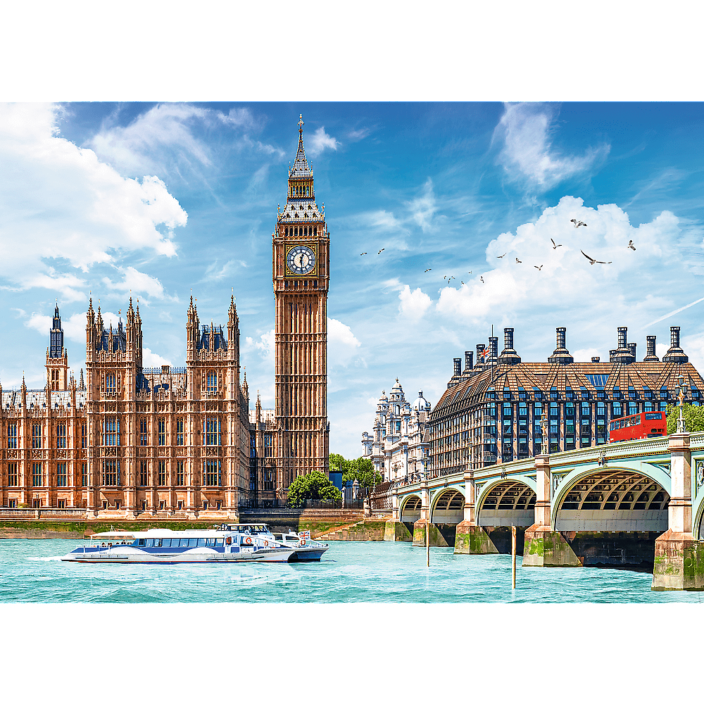 Escena de Londres con el Big Ben, puente, río y autobús rojo. Cielo azul con nubes.