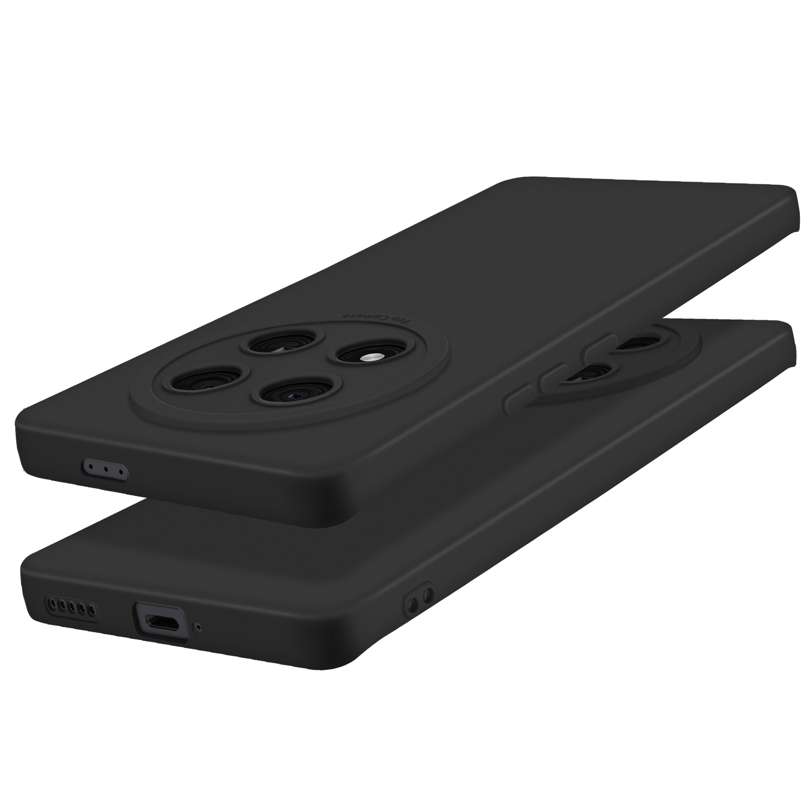 Due custodie per telefono nere impilate. La custodia superiore ha un design a fotocamera e si trova su sfondo bianco.