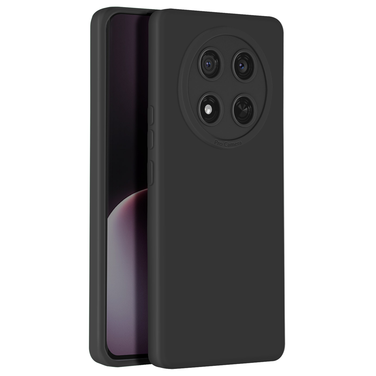 Custodia nera per telefono con un ampio modulo fotocamera circolare e schermo visibile.