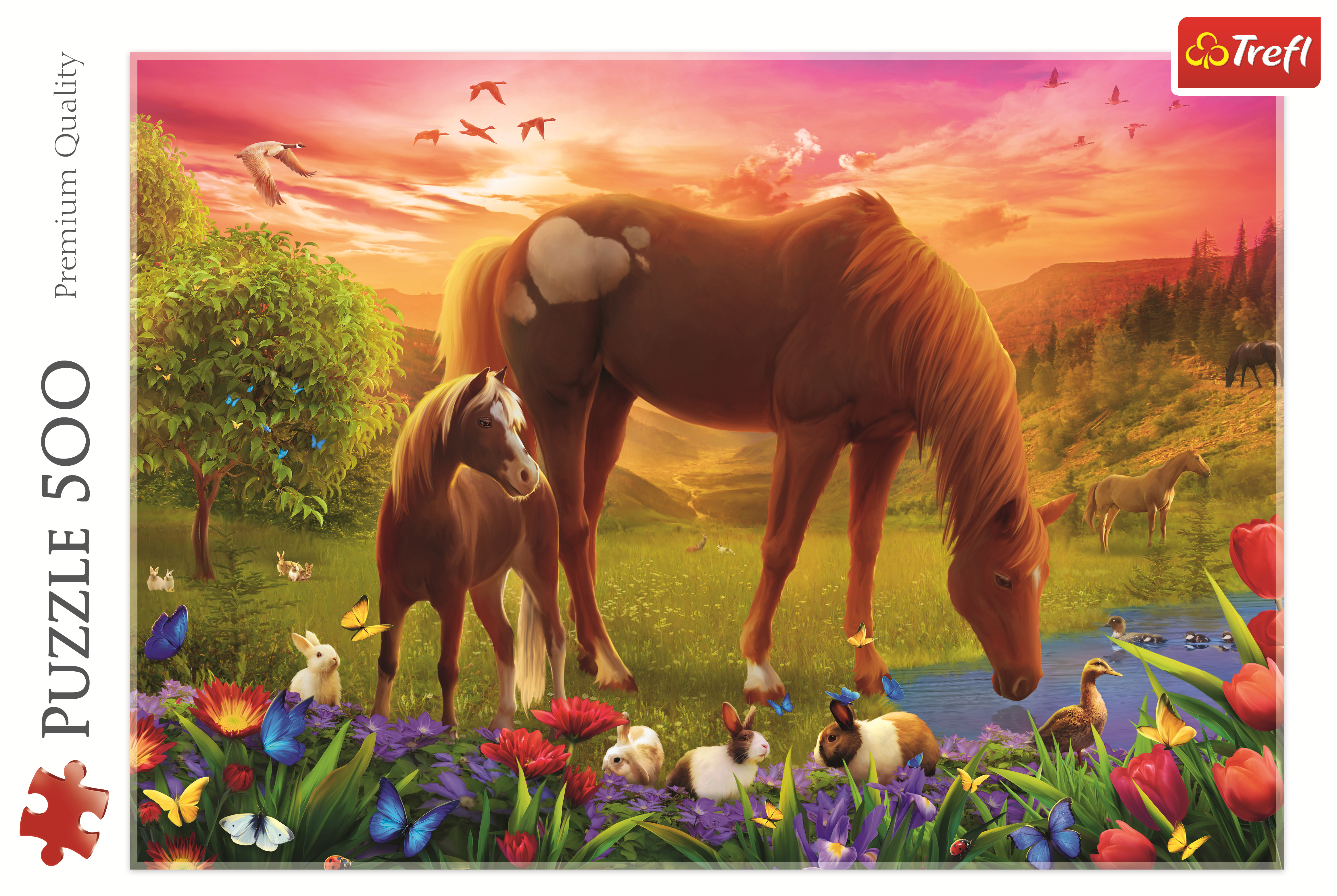 A puzzle shows a horse and foal in a field with flowers, butterflies, and rabbits. Mountains in background.