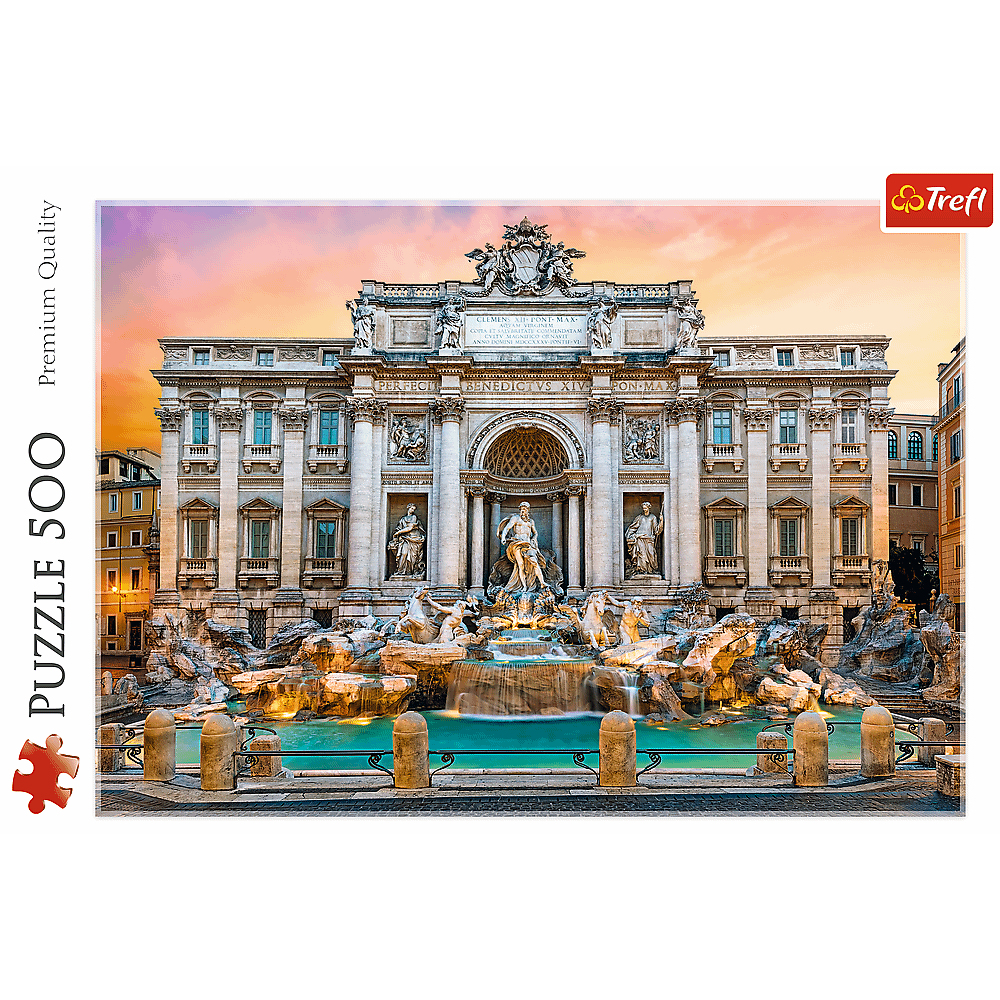 Puzzle della Fontana di Trevi con cielo al tramonto e scatola con logo Trefl.
