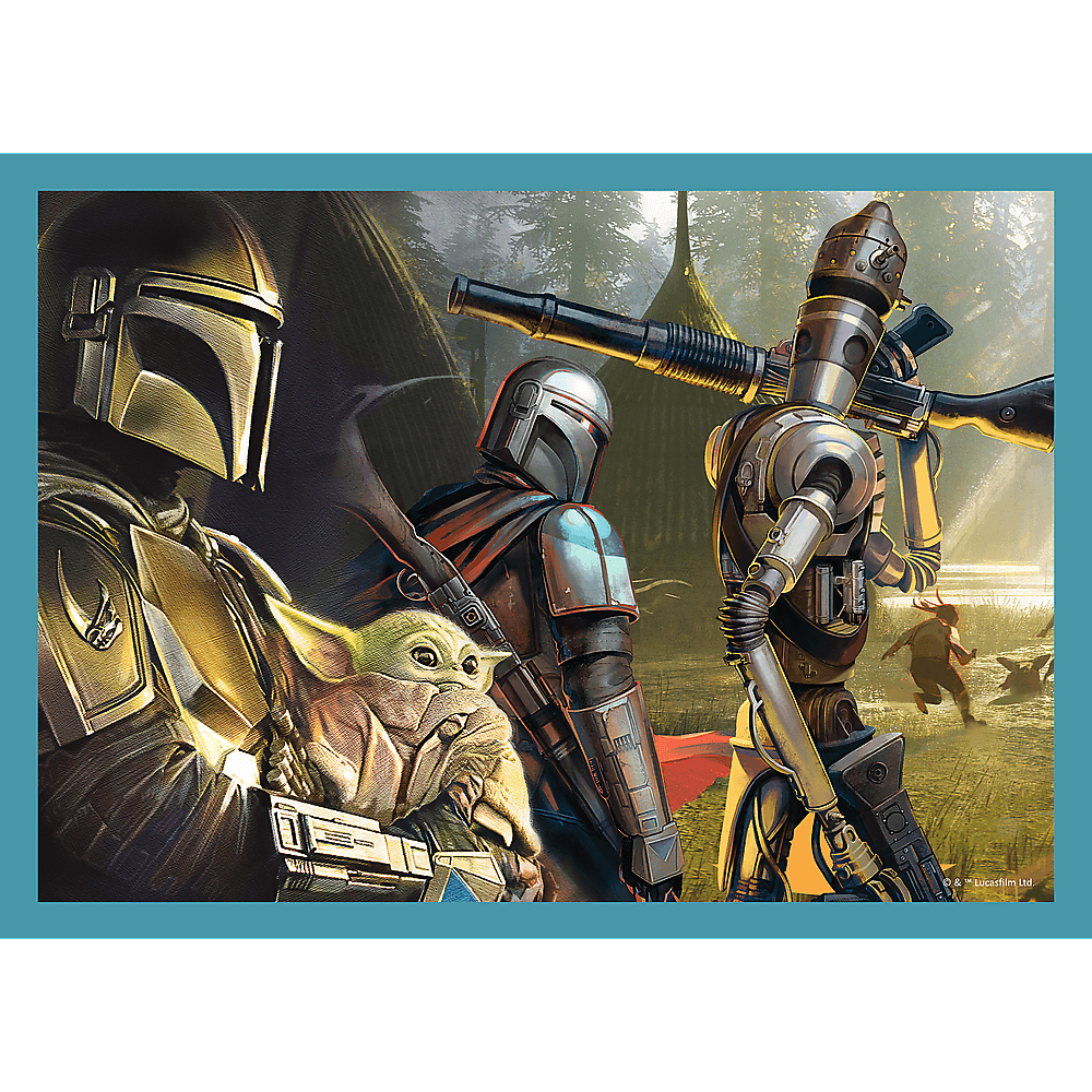 Escena de Star Wars con The Mandalorian, Grogu y un droide en un entorno forestal.