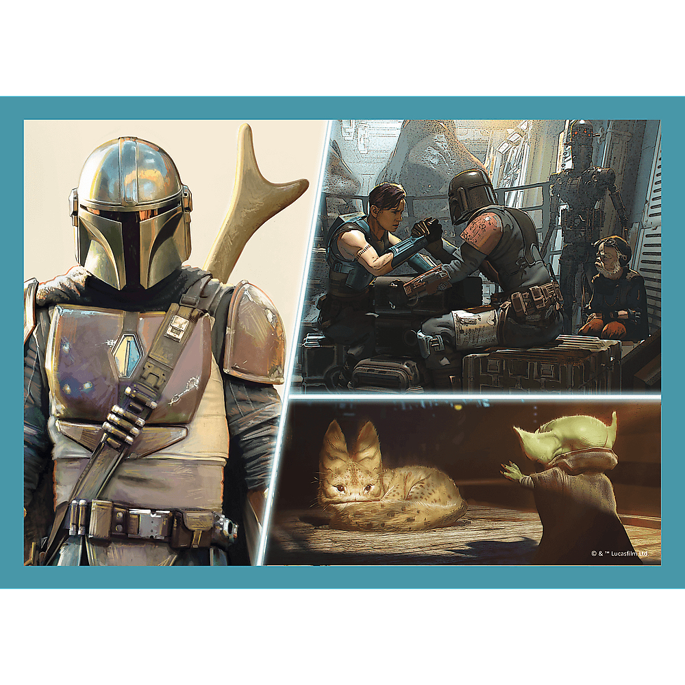 Escena de Star Wars con el Mandaloriano, Grogu y otros en varios escenarios. También hay un gato.