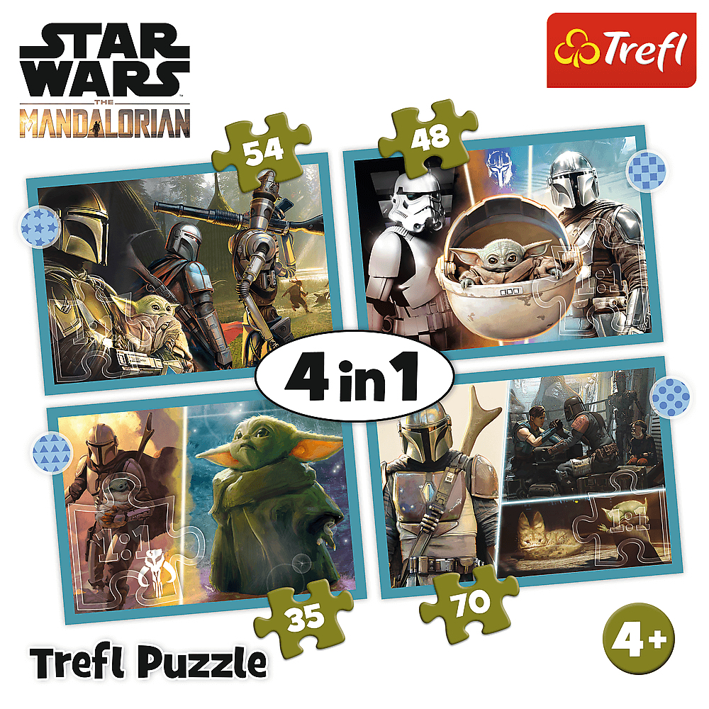 Un rompecabezas de Star Wars con 4 escenas diferentes, con The Mandalorian, Grogu y Stormtroopers.