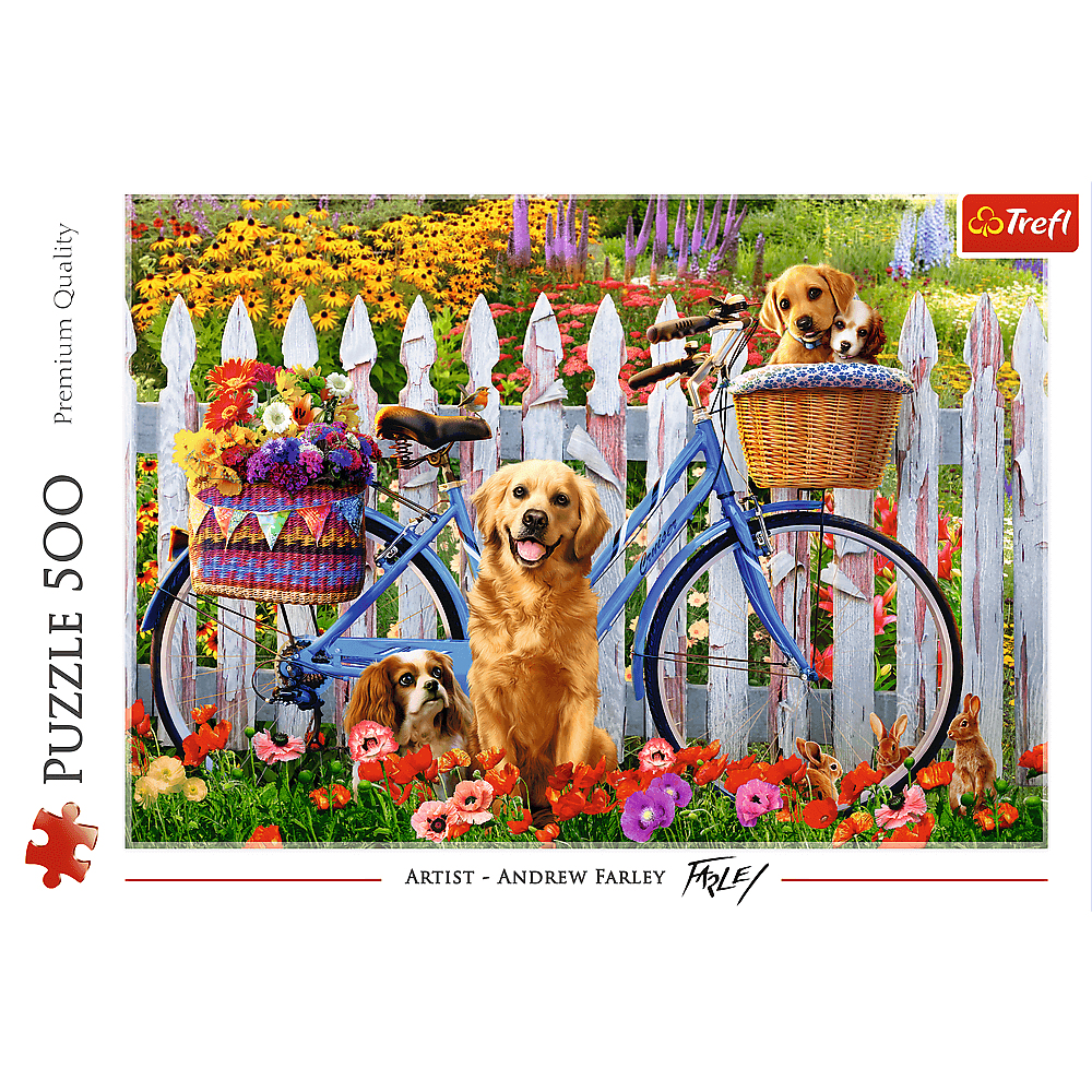 Un puzzle représentant des chiens, un vélo avec des paniers de fleurs et une scène de jardin.