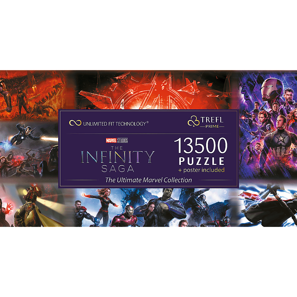 Scatola puzzle Marvel's The Infinity Saga con immagini dei personaggi. Contiene '13500 PUZZLE'.